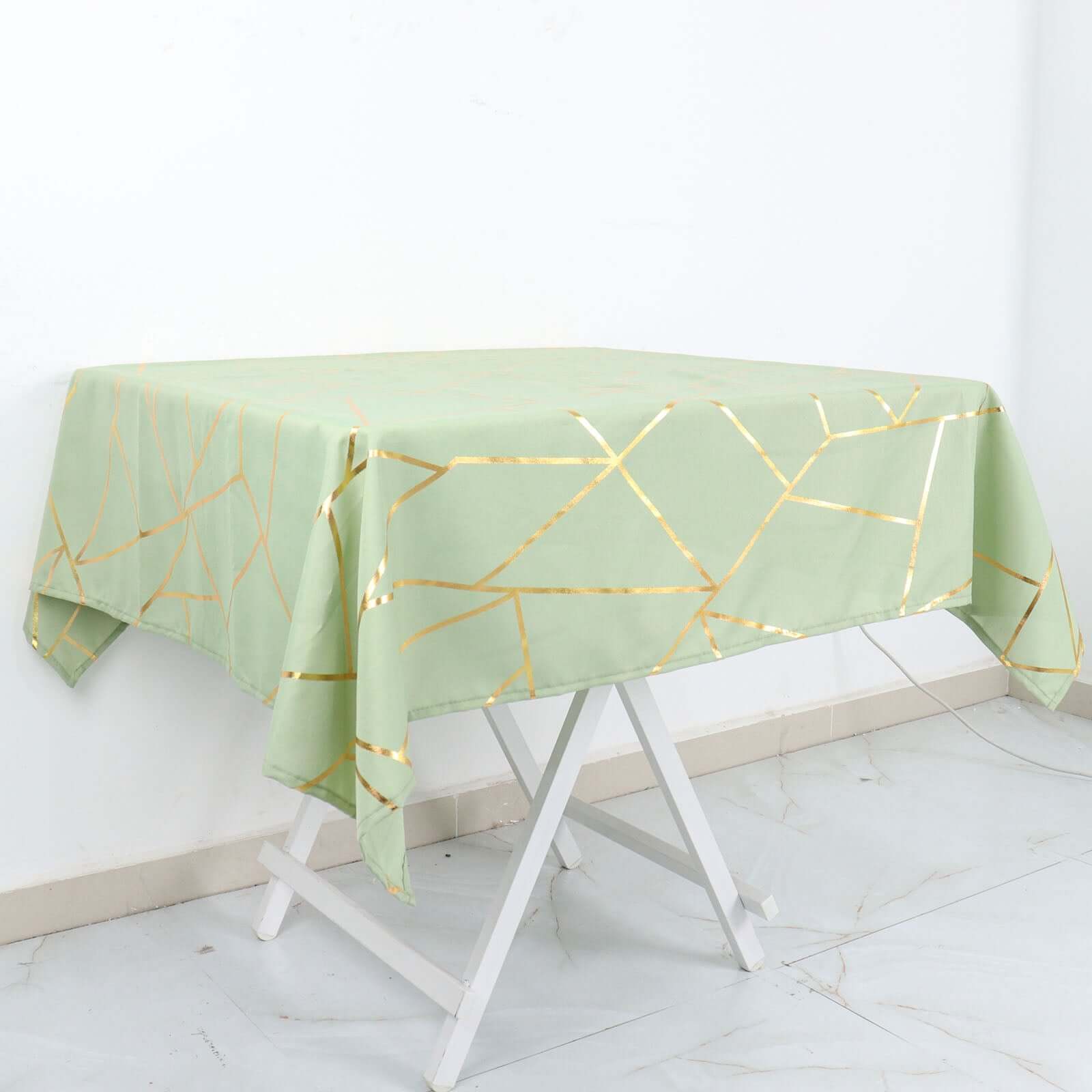 Polyester 54x54 Square Tablecloth Sage Green with Gold Foil Geometric Pattern - Wrinkle-Resistant & Durable for Stylish Settings