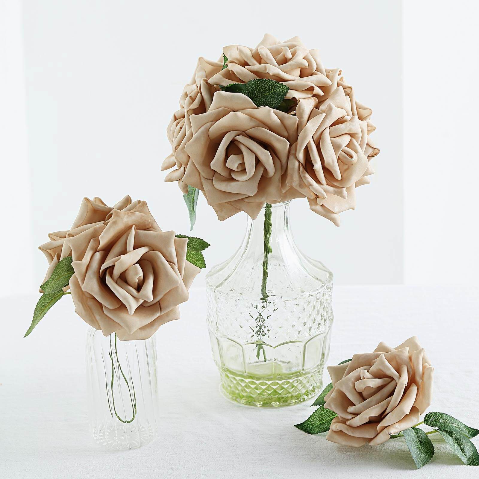 24 Roses 5 Champagne Artificial Foam Flowers With Stem Wire and Leaves