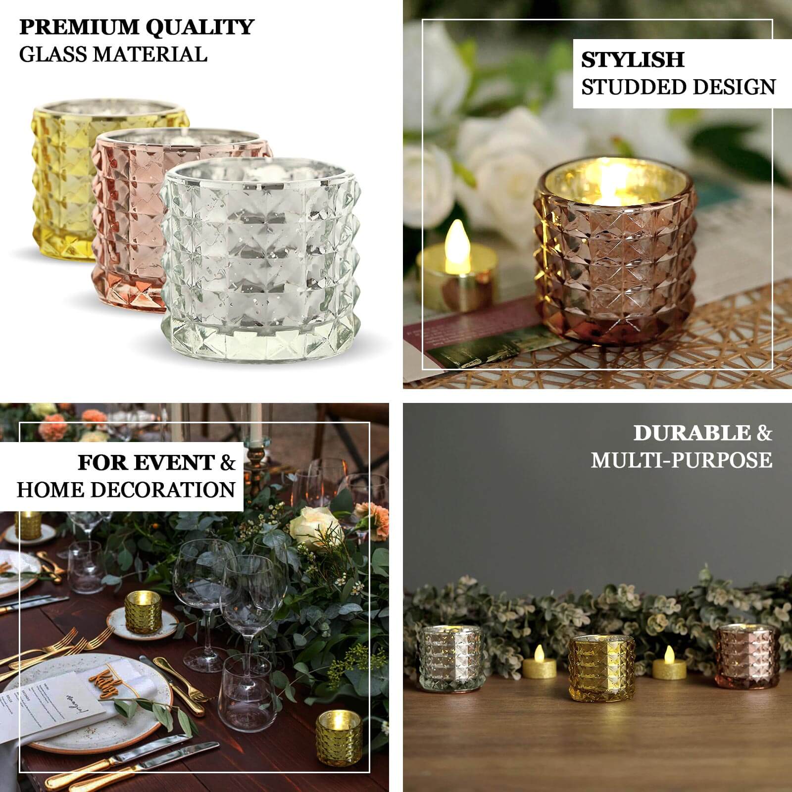 6-Pack Mercury Glass Votive Holders Studded Faceted Design Rose Gold - Tealight Candle Holders 3