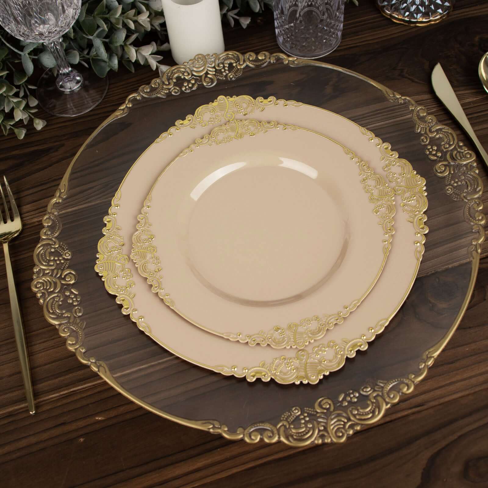 10-Pack Plastic 10 Round Dinner Plates in Taupe with Gold Leaf Embossed Rim - Disposable Vintage Baroque Style Plates