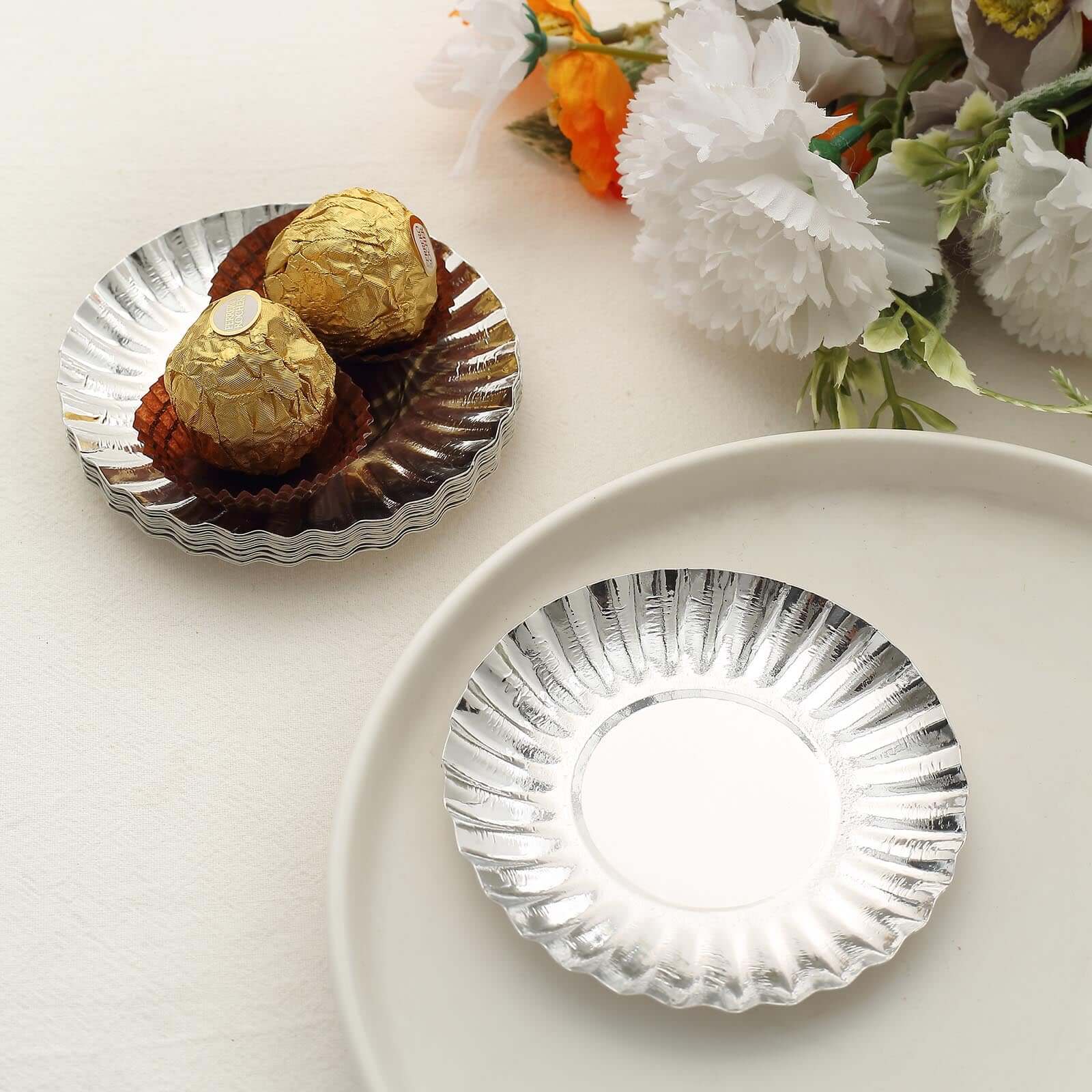 50-Pack Paper 3.5 Round Party Plates in Metallic Silver with Scalloped Rim - Disposable Mini 250GSM Dessert Plates for Tapas, Appetizers & Finger Foods