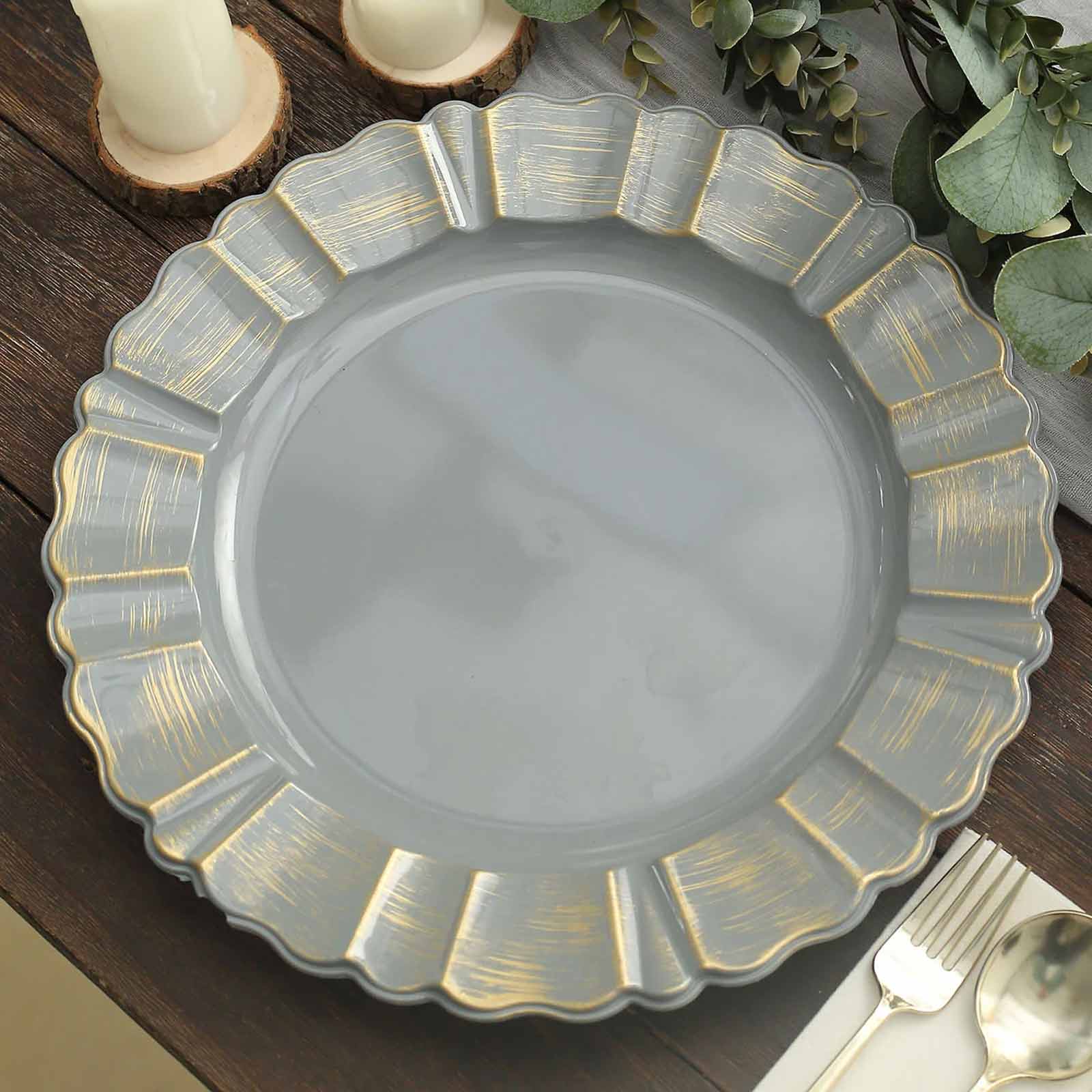 6-Pack Acrylic Plastic Round Charger Plates 13 in Charcoal Gray with Gold Brushed Wavy Scalloped Rim, Decorative Dinner Party Charger Tableware