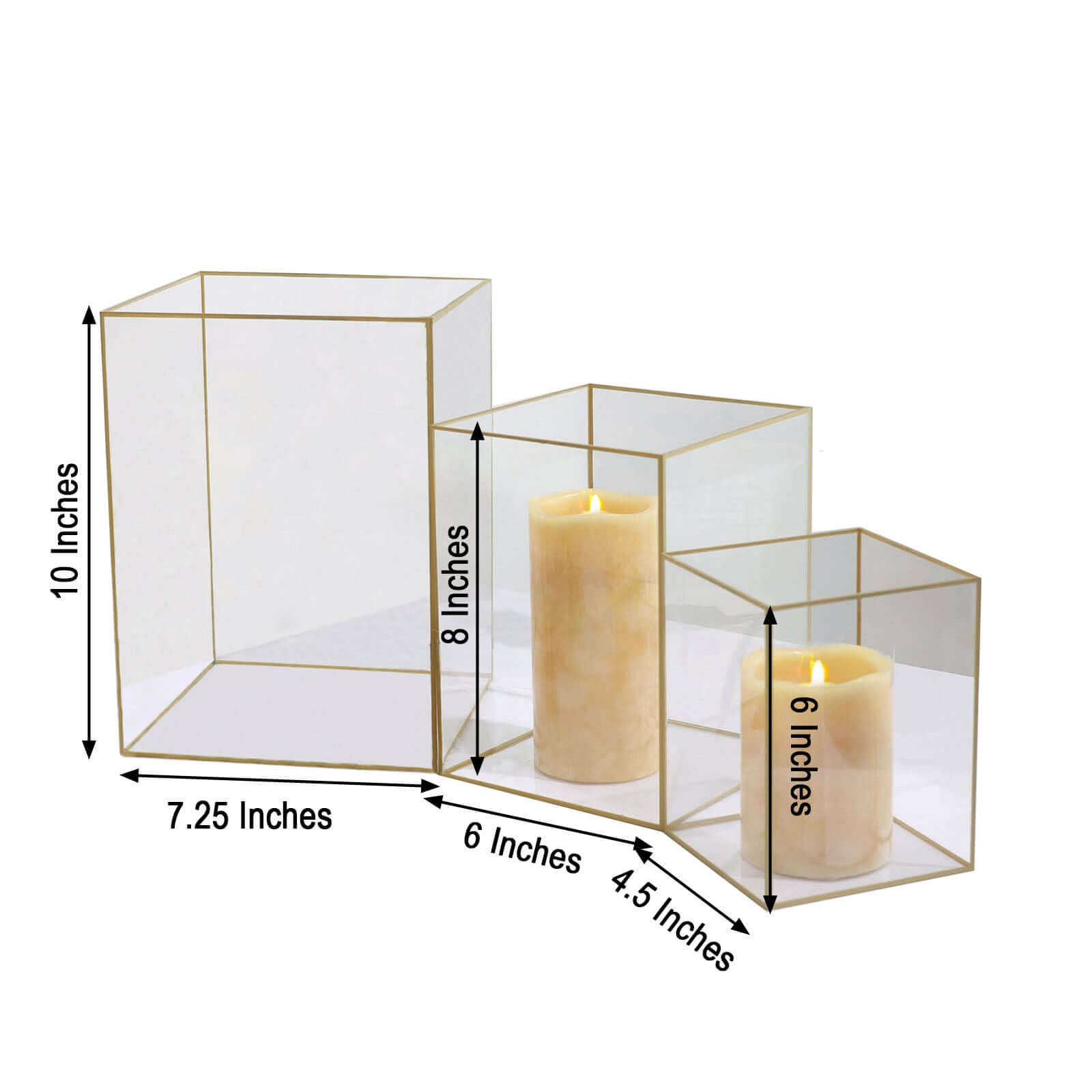 Set of 3 Candle Holders Acrylic Flower Display Boxes with Gold Rims Clear - Decorative Pillar Centerpieces 6, 8, 10