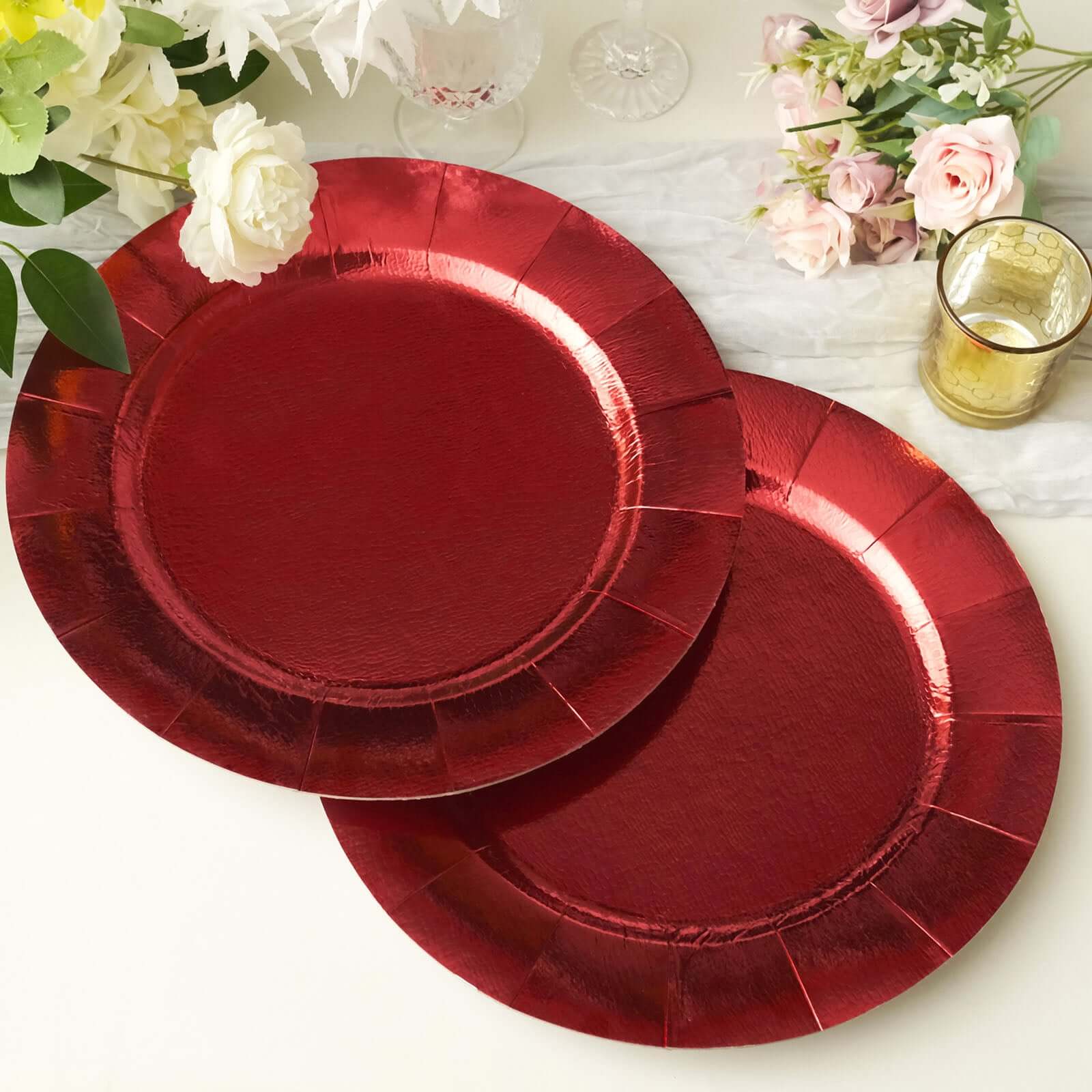 10-Pack Disposable Round Charger Plates in Red with Leathery Texture - Durable 1100GSM Cardboard Placemats 13