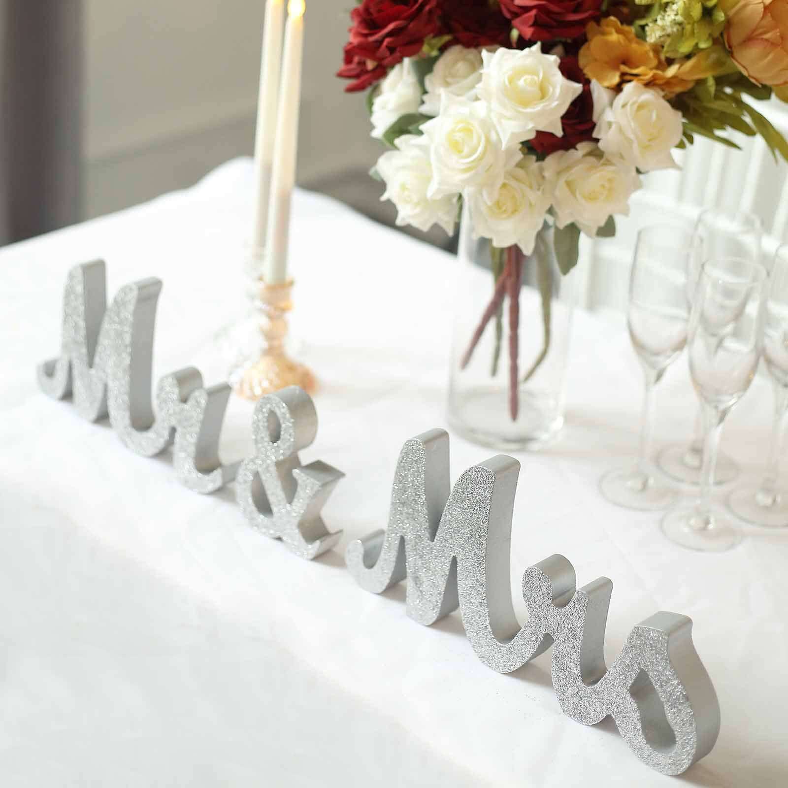 Wooden Mr & Mrs Freestanding Letters Silver Glittered - Rustic Glam Wedding Table Display Signs