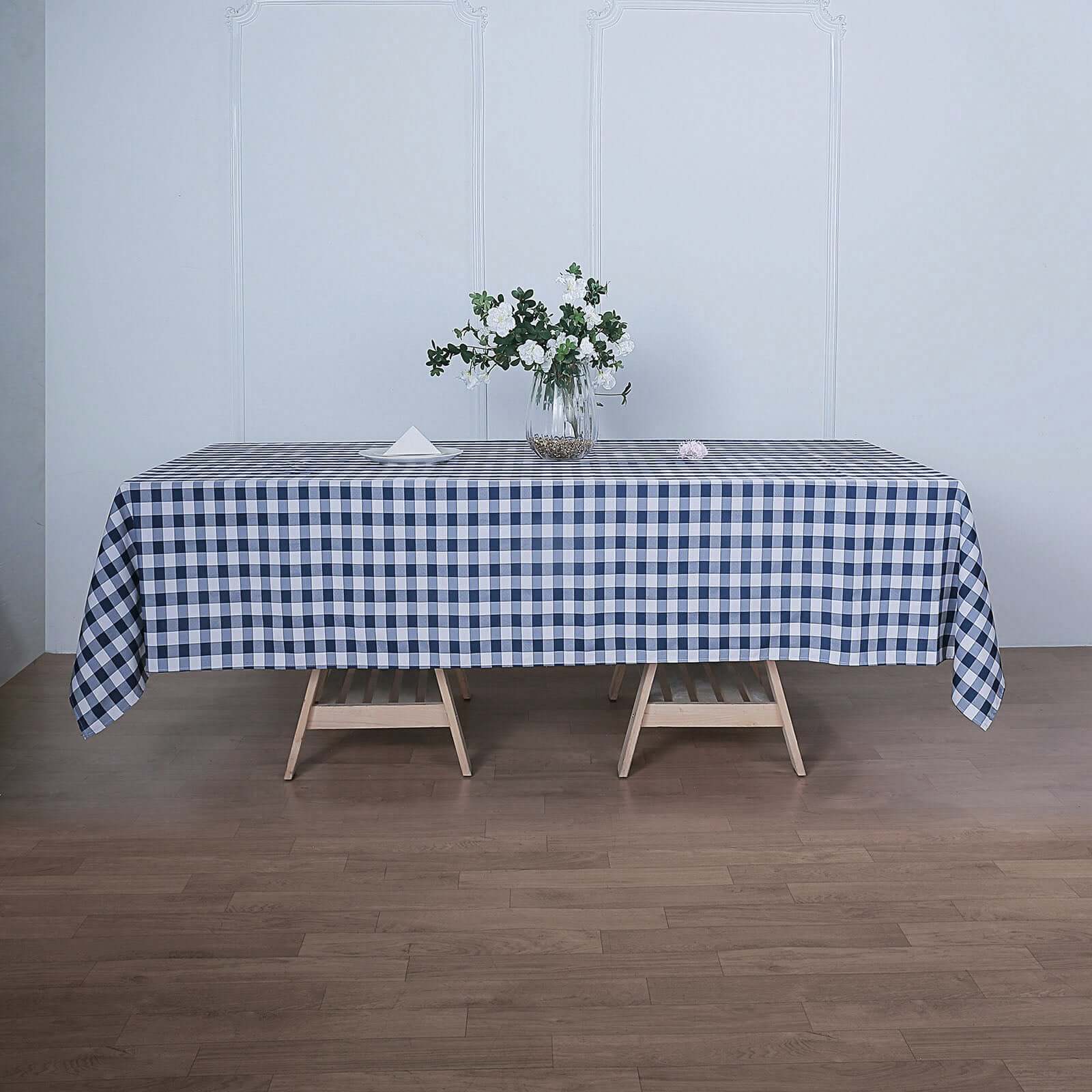 Polyester 60x126 Rectangle Tablecloth White/Navy Blue - Buffalo Plaid Checkered Table Cover