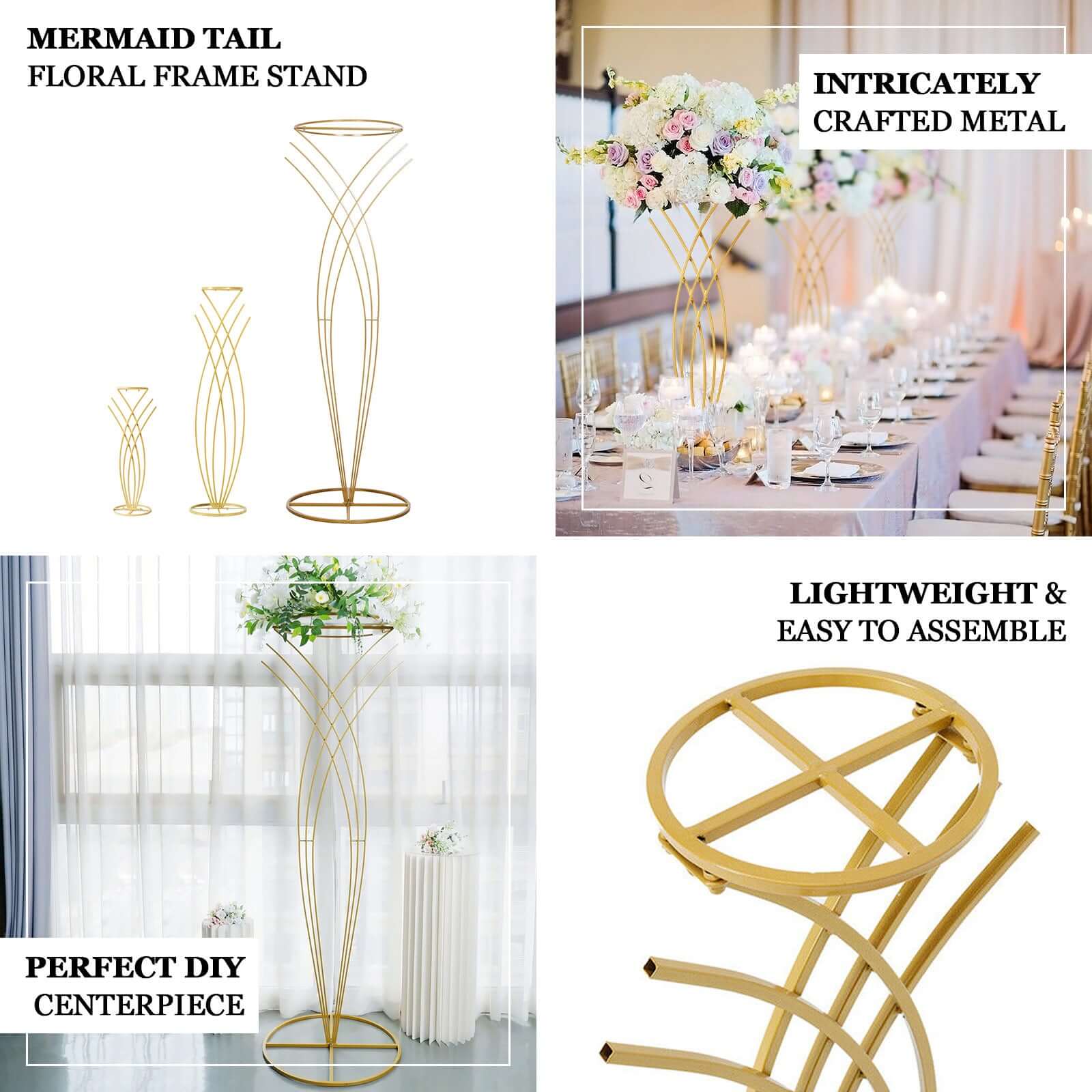 Metal Table Centerpiece Gold Mermaid Tail Design - Wedding Floral Display Flower Frame Stand 2ft