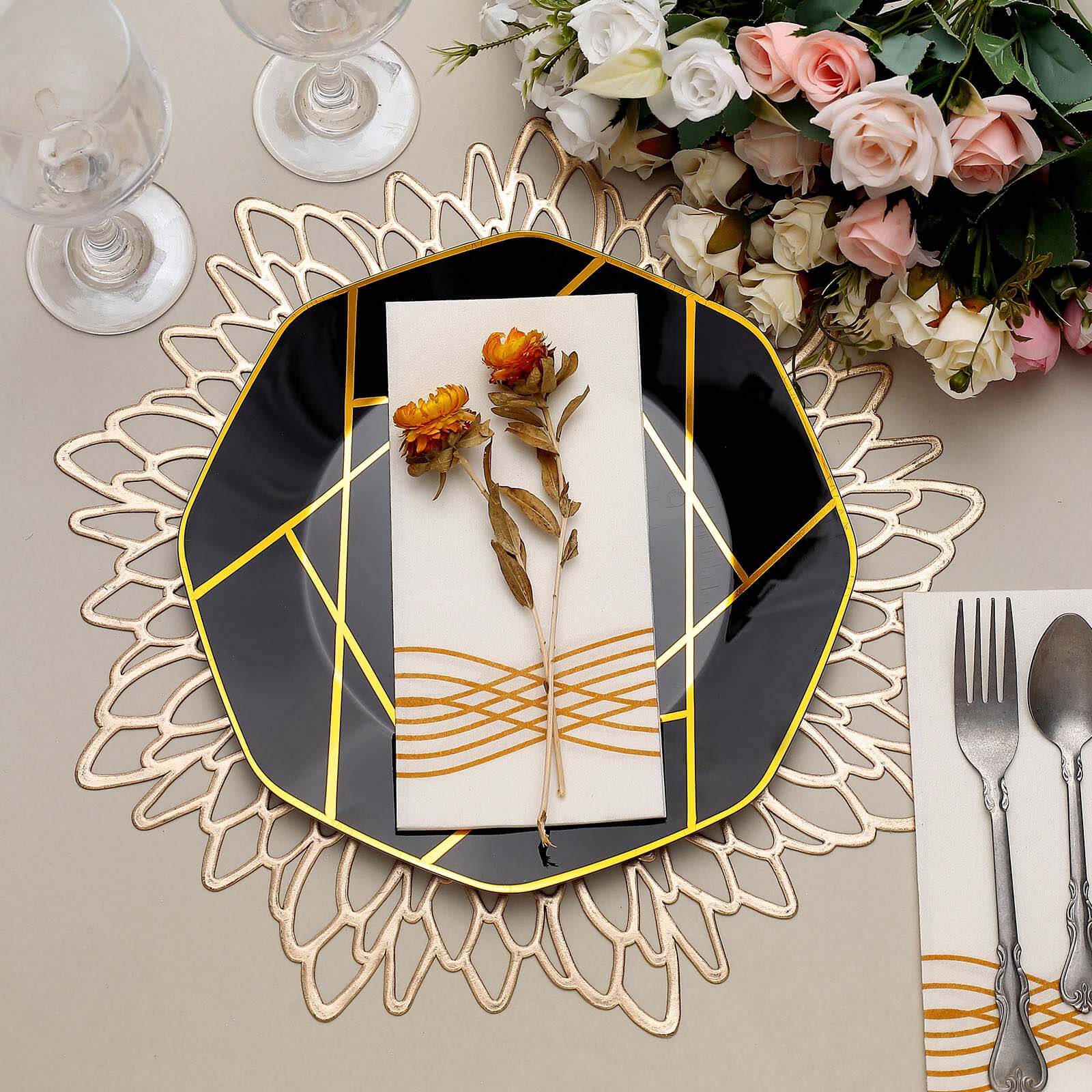 10-Pack Plastic 10 Octagon Dinner Plates in Black - Modern Disposable Party Plates with Gold Geometric Design for Special Occasions & Celebrations