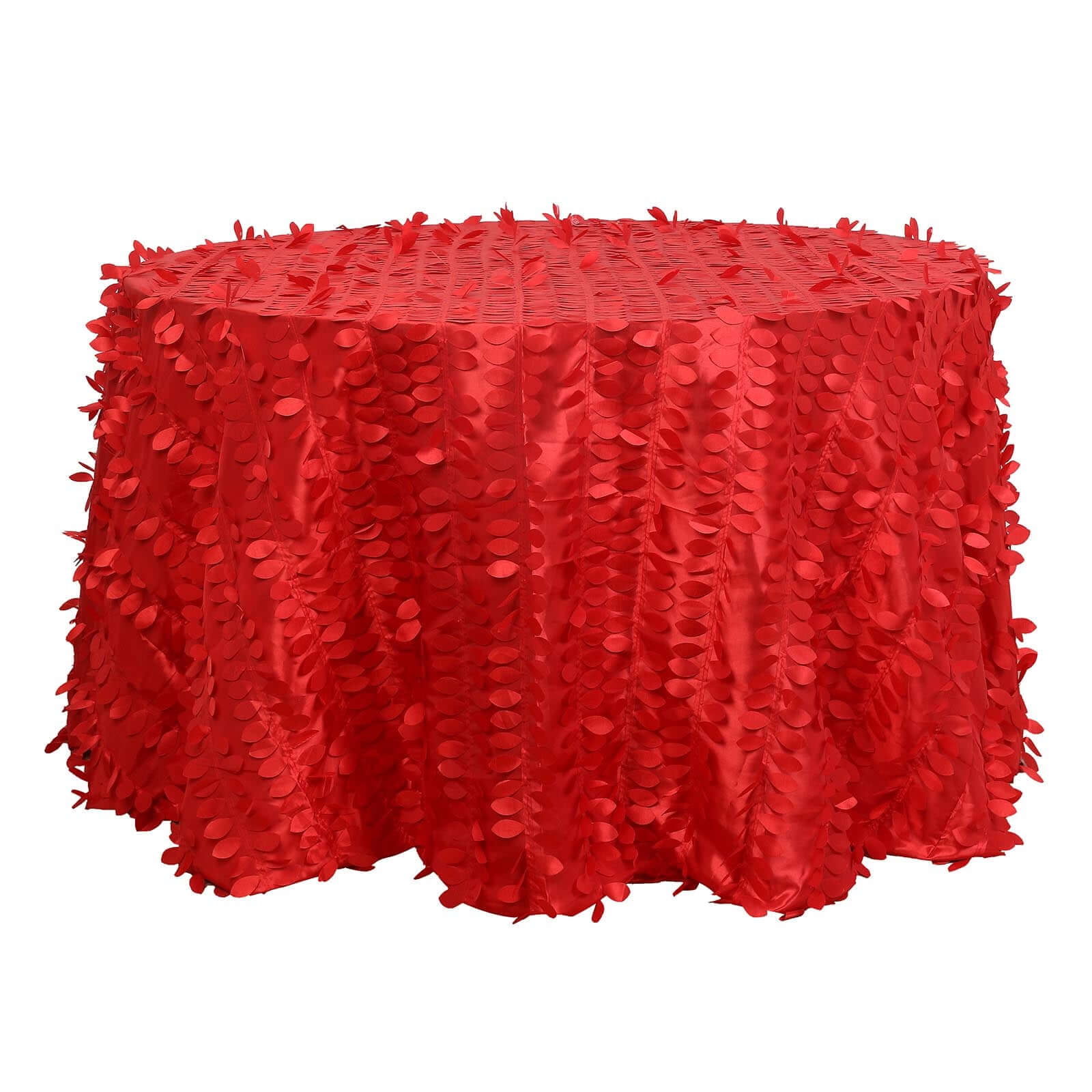 120 Red 3D Leaf Petal Taffeta Fabric Seamless Round Tablecloth for 5 Foot Table With Floor-Length Drop