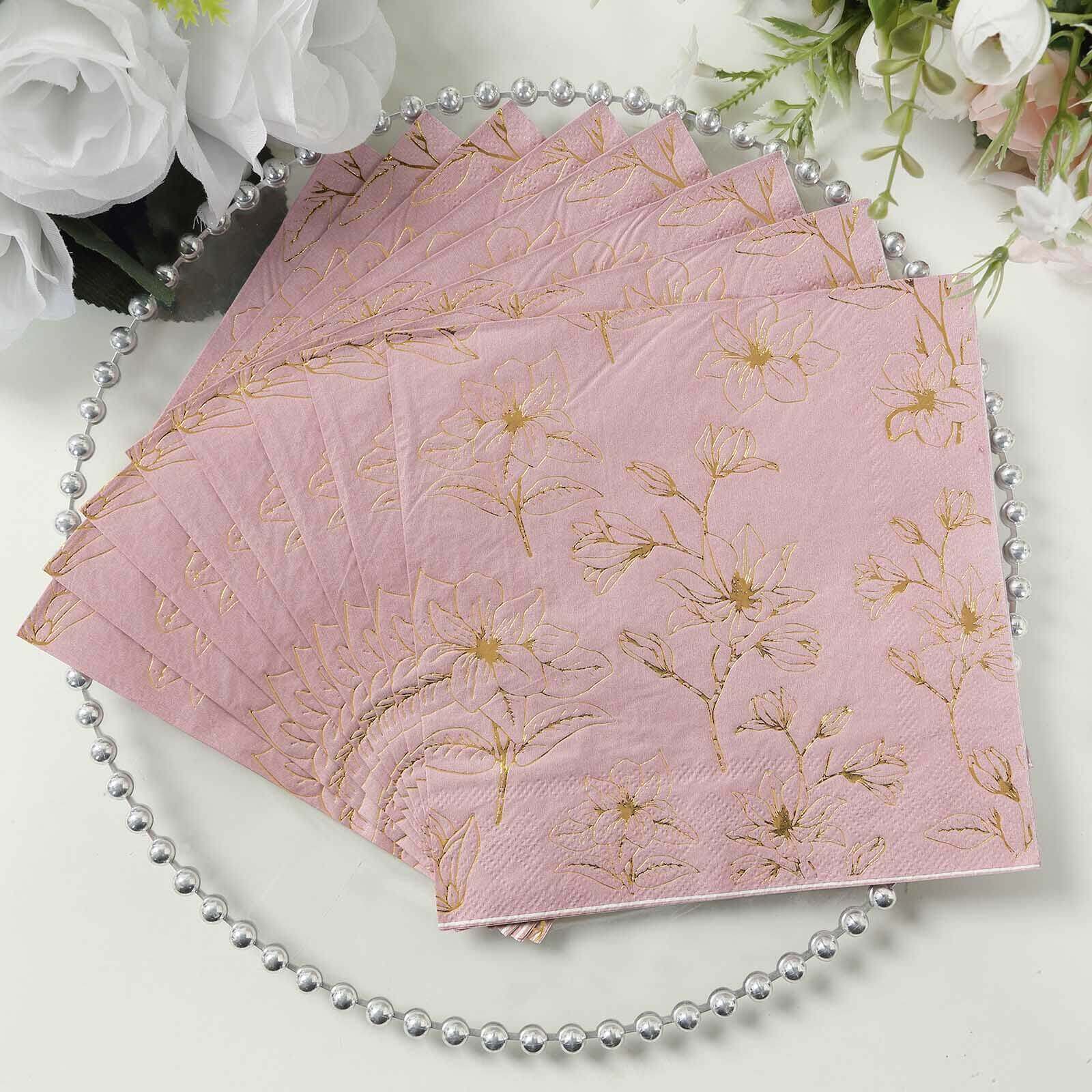 50-Pack Paper Cocktail Napkins with Gold Magnolia Flowers Print Dusty Rose - Highly 2 Ply Absorbent Soft Napkins for Beverages