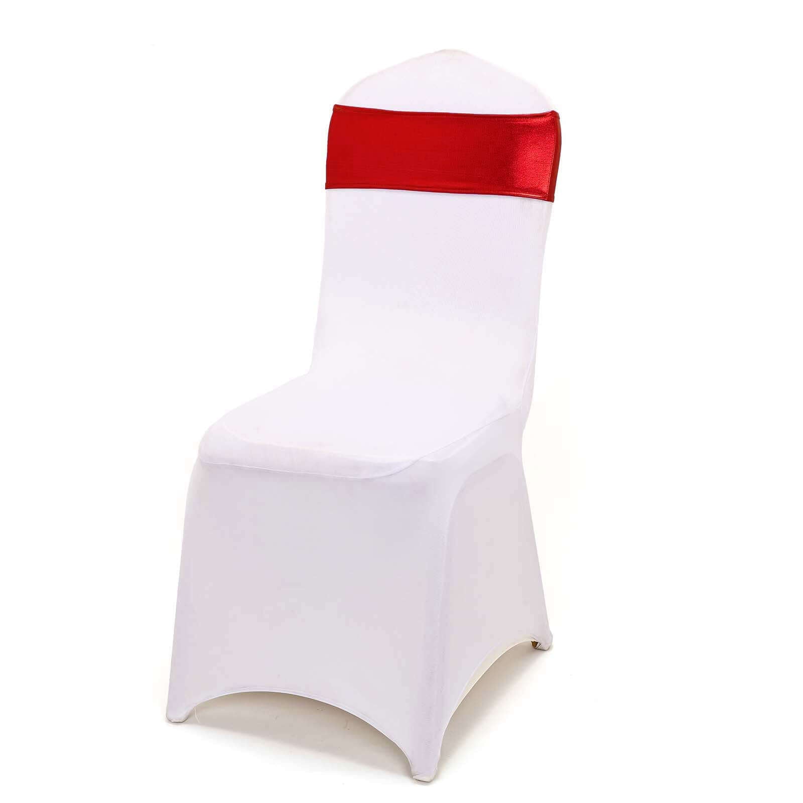 5 Pack Metallic Spandex Chair Sashes Red - Stretch Fit Chair Bands With Round Diamond Buckles