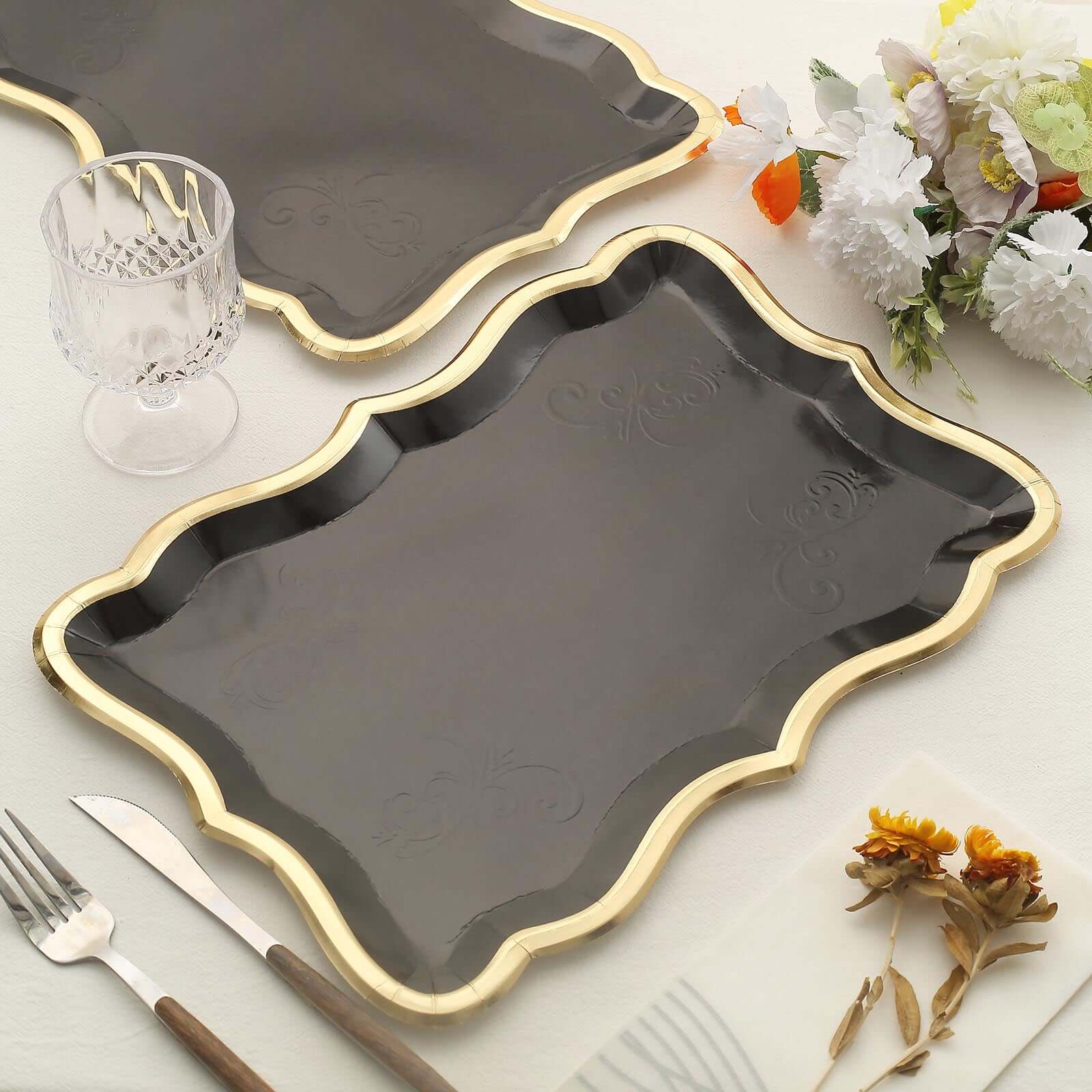 10-Pack Paper 14x10 Rectangle Serving Trays Black - Heavy Duty Disposable 400GSM Cardboard Party Platters with Exquisite Gold Rim for Weddings & Parties