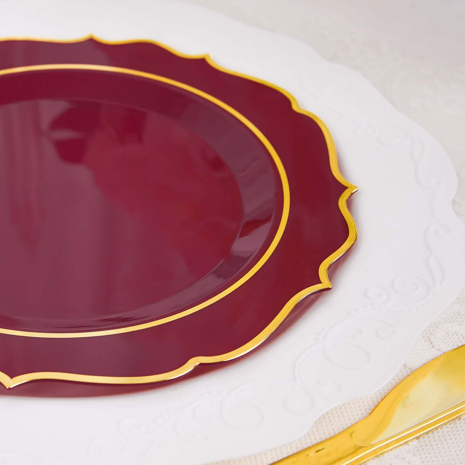 10-Pack Plastic 8 Round Desert Plates in Burgundy with Gold Scalloped Rim - Disposable Appetizer/Salad Plates