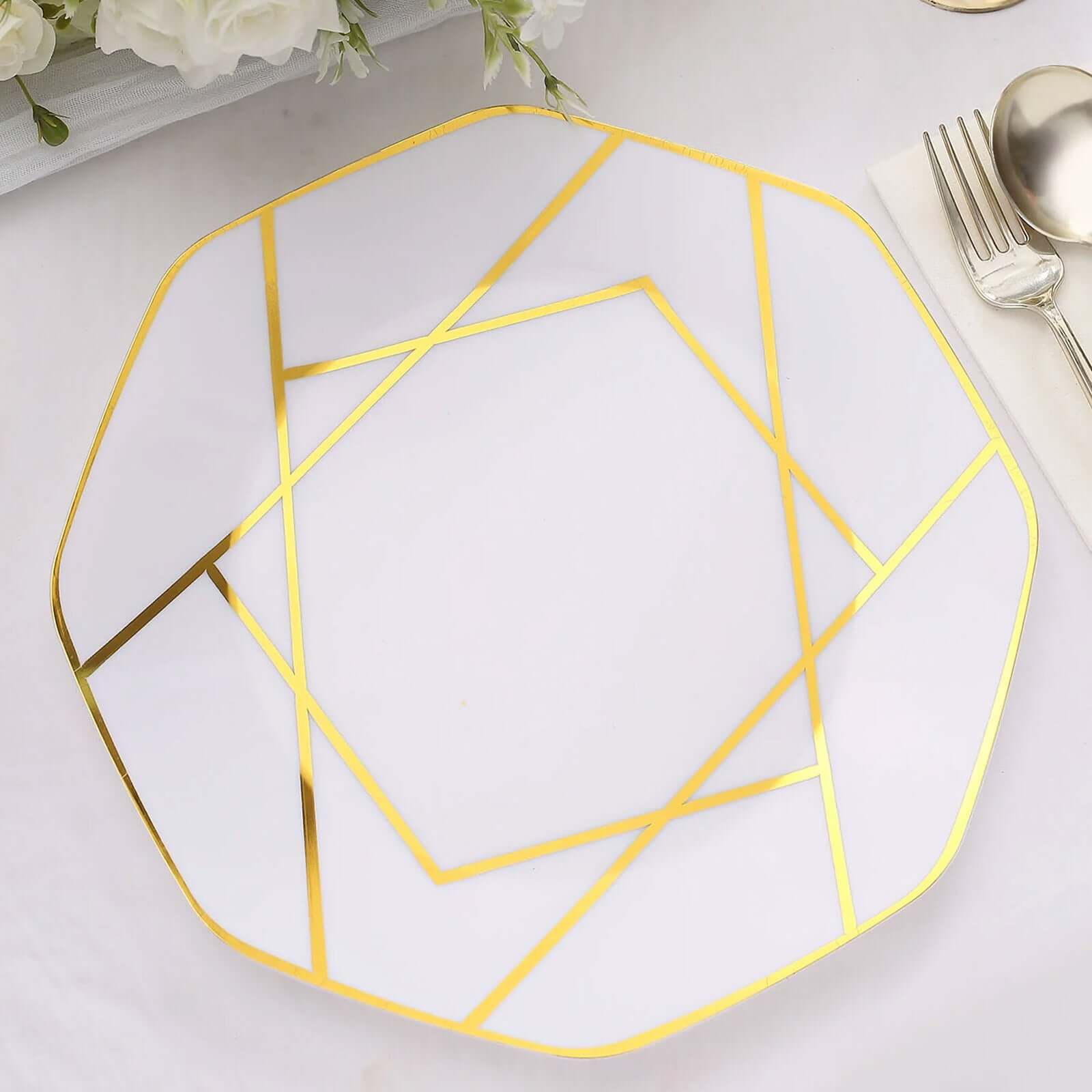 10-Pack Plastic 10 Octagon Dinner Plates in White - Modern Disposable Party Plates with Gold Geometric Design for Special Occasions & Celebrations