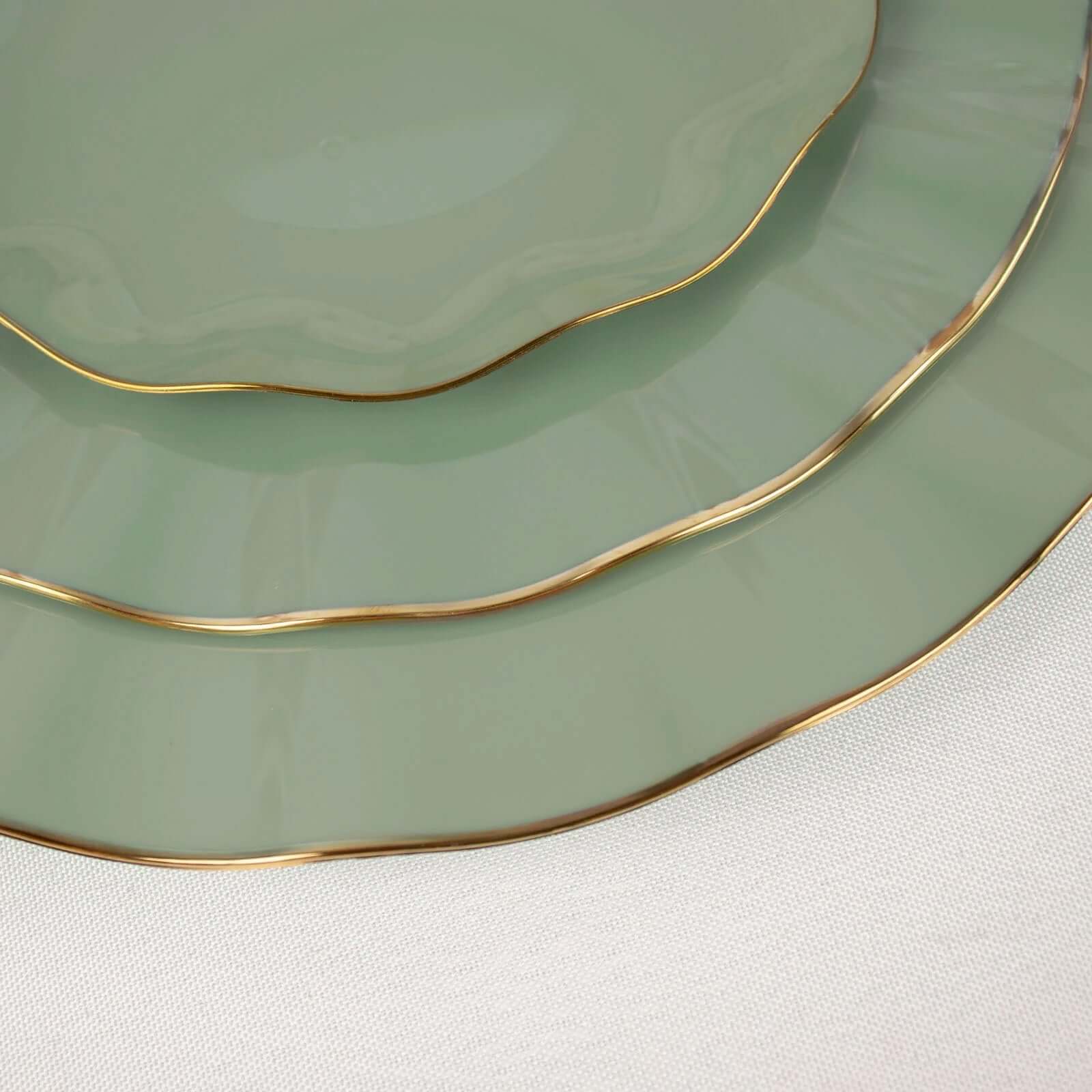 10-Pack Plastic Round 6 Dessert Plates in Dusty Sage Green Ruffled Rim with Gold Edging - Sturdy Disposable Salad Appetizer Dinnerware