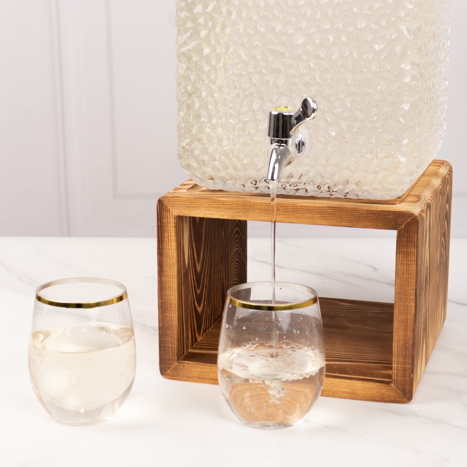 Gallon Clear Hammered Glass Beverage Dispenser, Rectangular Juice Jar with Wooden Stand and Lid - Lead-Free Countertop Feature 19