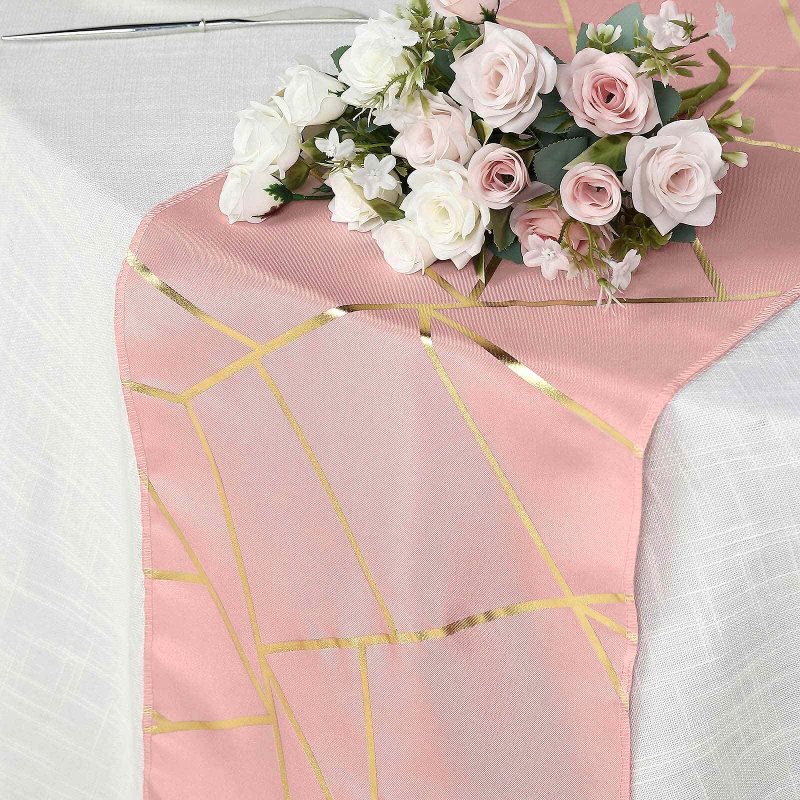 Polyester 9ft Table Runner Dusty Rose with Gold Foil Modern Geometric Accent