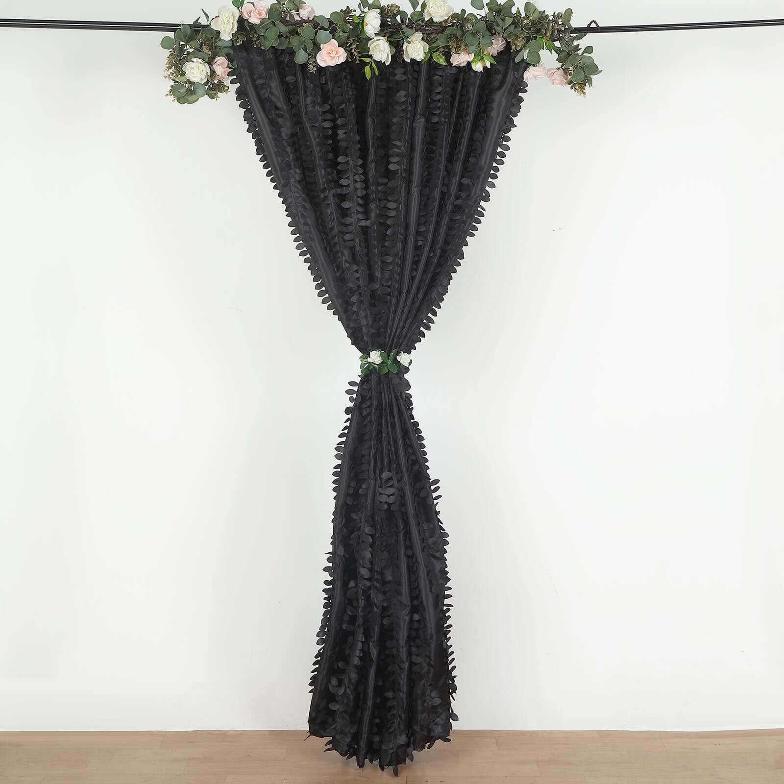 8ftx8ft Black 3D Leaf Petal Taffeta Event Curtain Drapes, Backdrop Event Panel With Rod Pocket