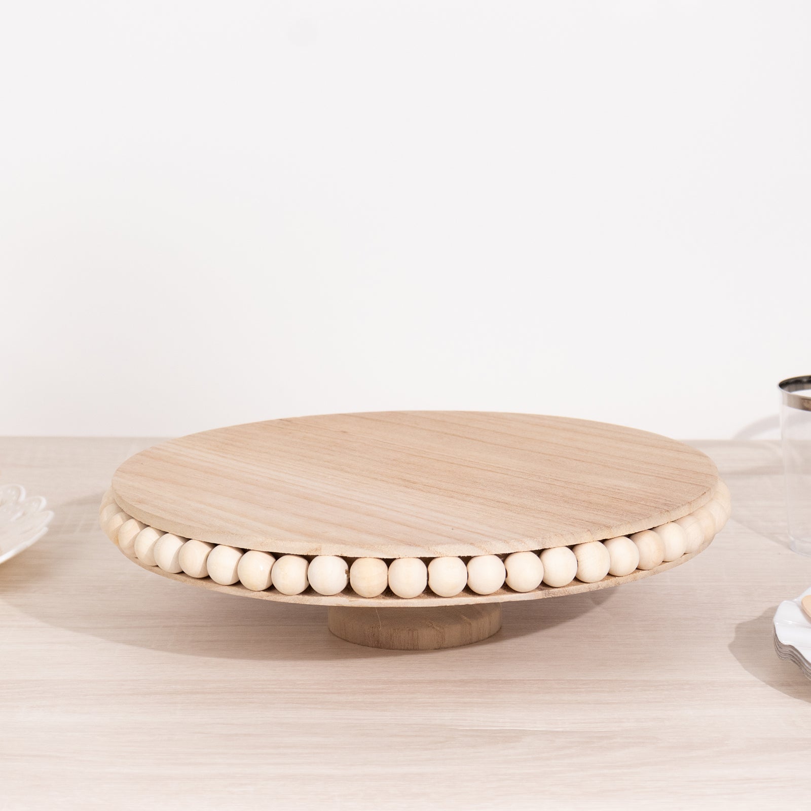 Wooden Pedestal Cake Stand Round Rustic Design with Beaded Edge Natural - Farmhouse Cupcake Holder Serving Tray 12