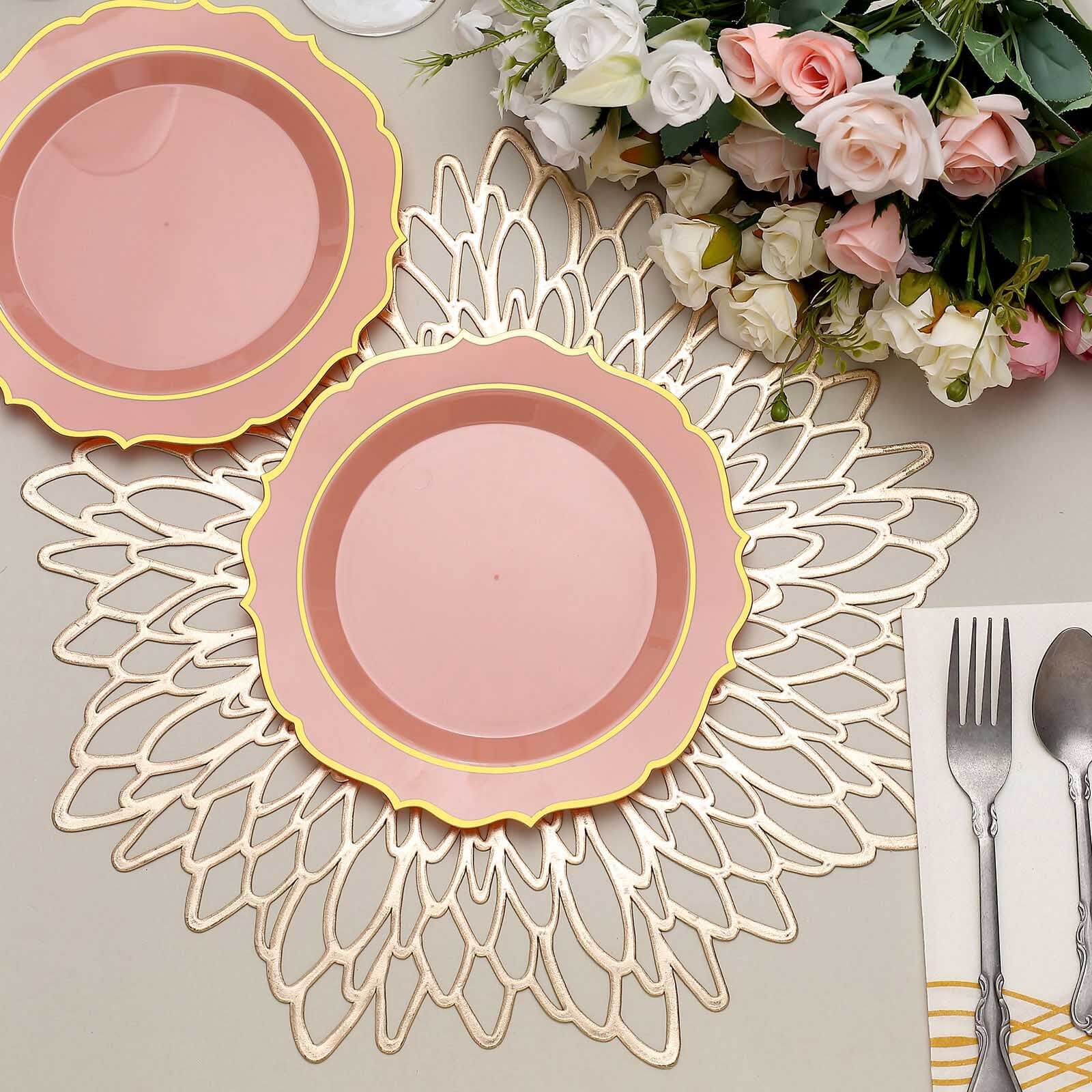 10-Pack Plastic 8 Round Desert Plates in Dusty Rose with Gold Scalloped Rim - Disposable Appetizer/Salad Plates