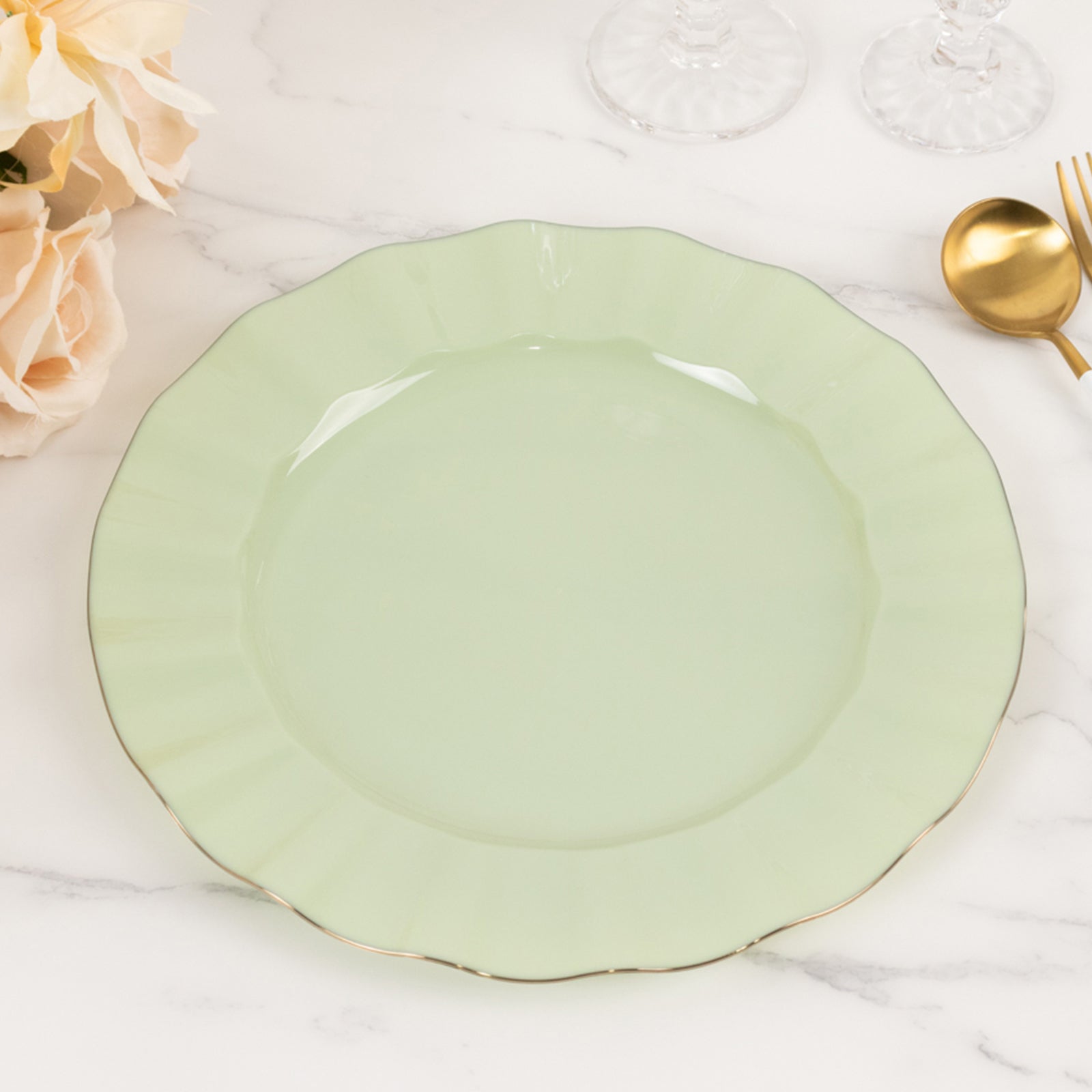 10-Pack Plastic 11 Round Dinner Plates in Sage Green Ruffled Rim with Gold Edging - Sturdy Disposable Dinnerware