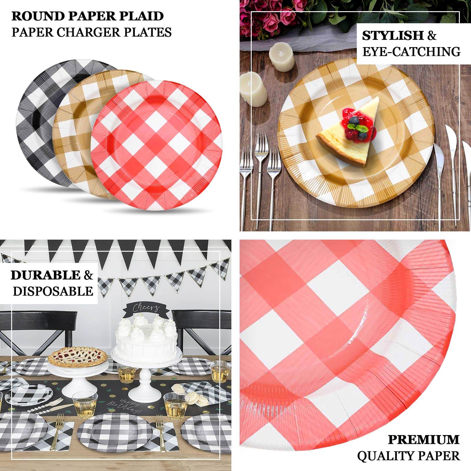 10-Pack Disposable Table Placemats in Red/White with Buffalo Plaid Design - Checkered 50GSM Cardboard Placemats 13