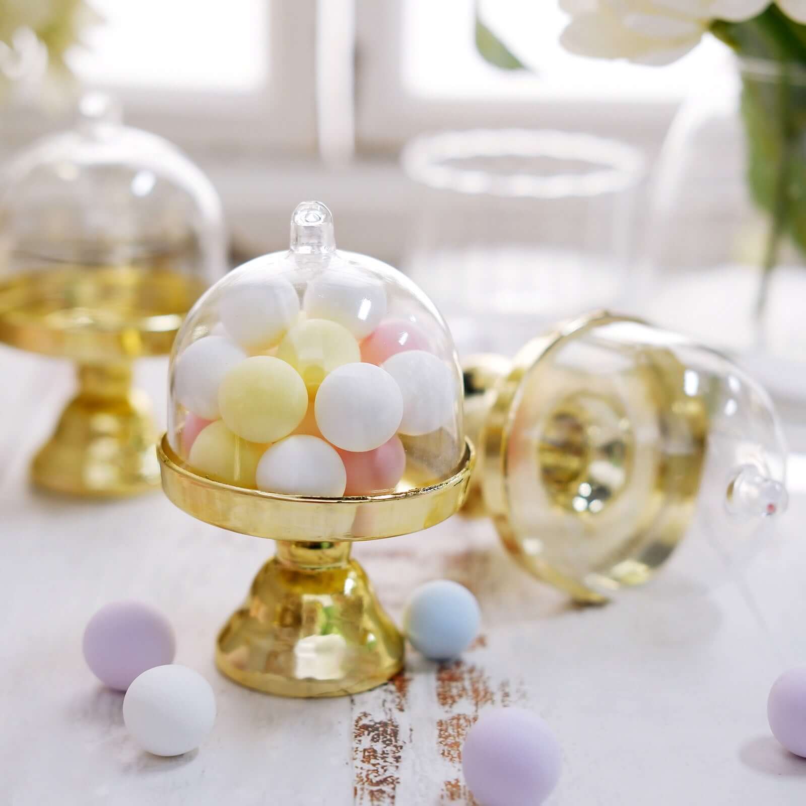 12-Pack Fillable Mini Pedestal Candy Container Clear/Gold - Decorative Candy Treat Favor Boxes with Dome Lid 4