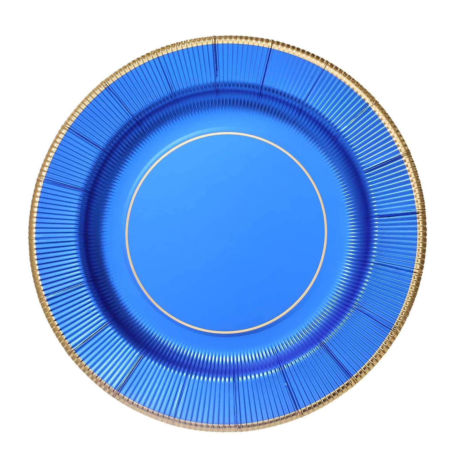 25-Pack Disposable Round Charger Plates in Royal Blue Sunray Design with Gold Rim - 350GSM Heavy Duty Paper Chargers 13