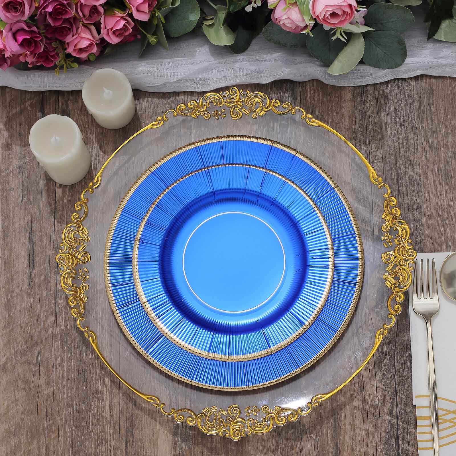 25-Pack Paper 10 Round Dinner Plates in Royal Blue Sunray Design with Gold Rim - Disposable Heavy Duty 350GSM Party Plates