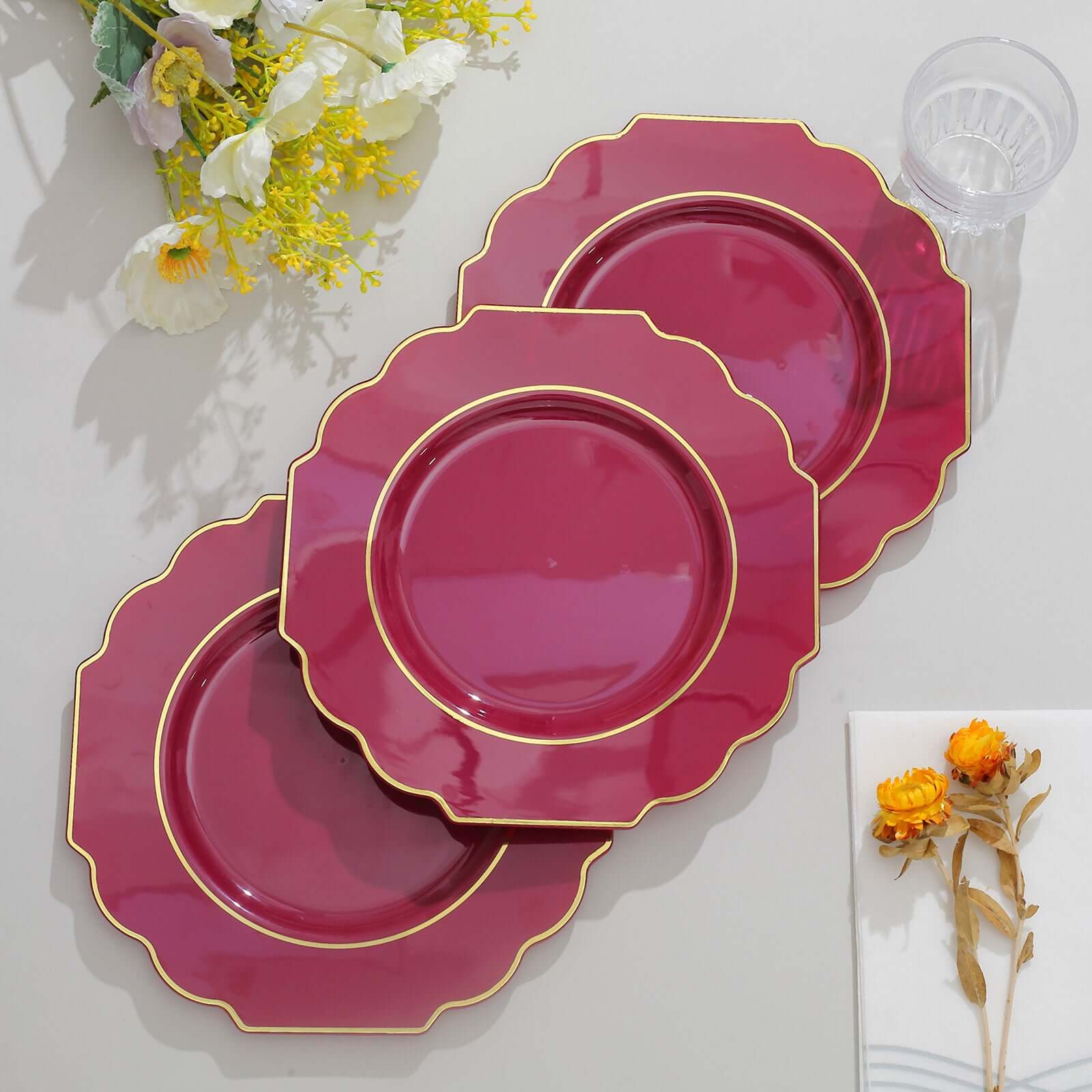 10-Pack Plastic Dessert Appetizer Plates in Burgundy Baroque Design with Scalloped Gold Rim - Heavy Duty Disposable Salad Plates 8