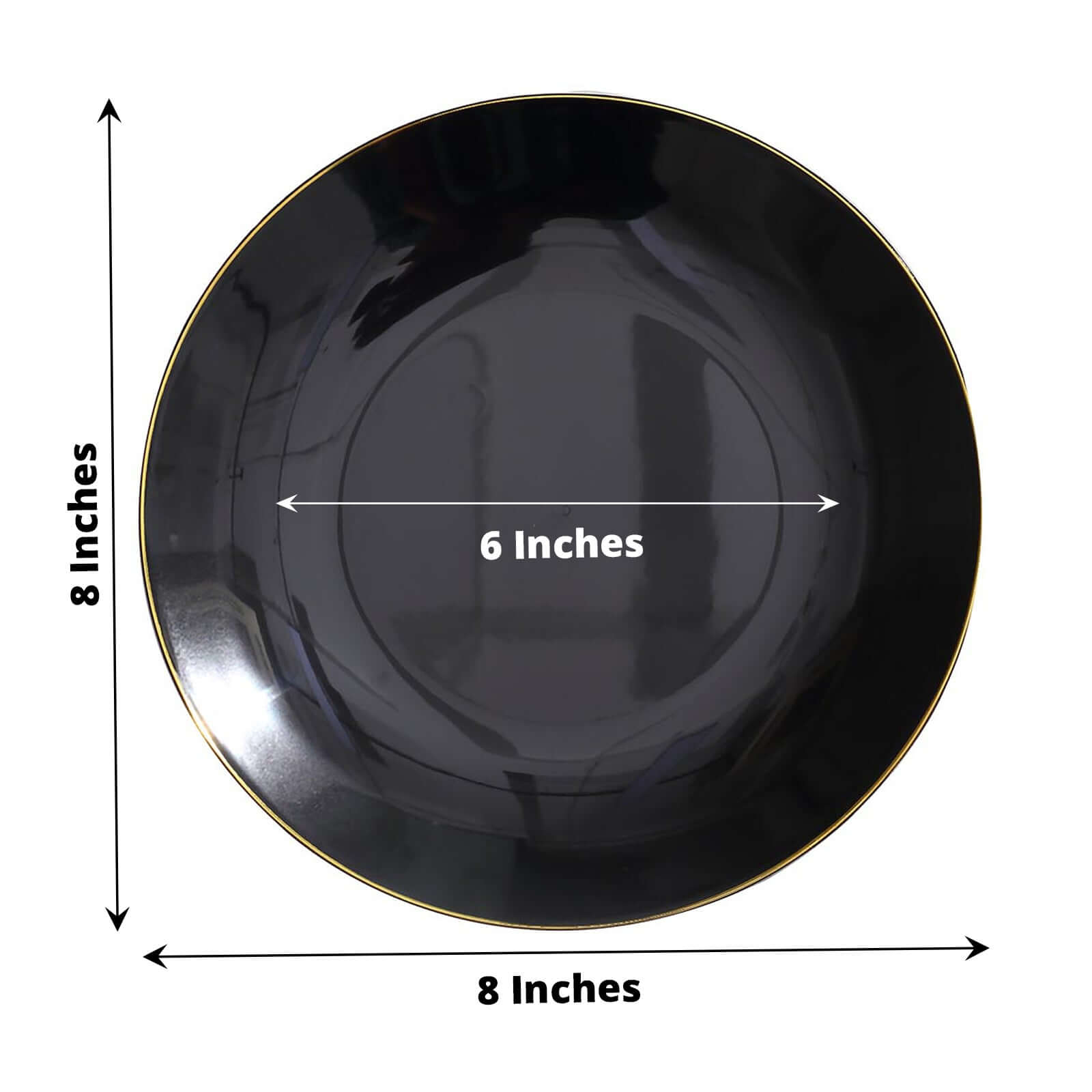 10-Pack Plastic 8 Round Dessert Plates in Black with Gold Rim - Glossy Disposable Appetizer Salad Plates