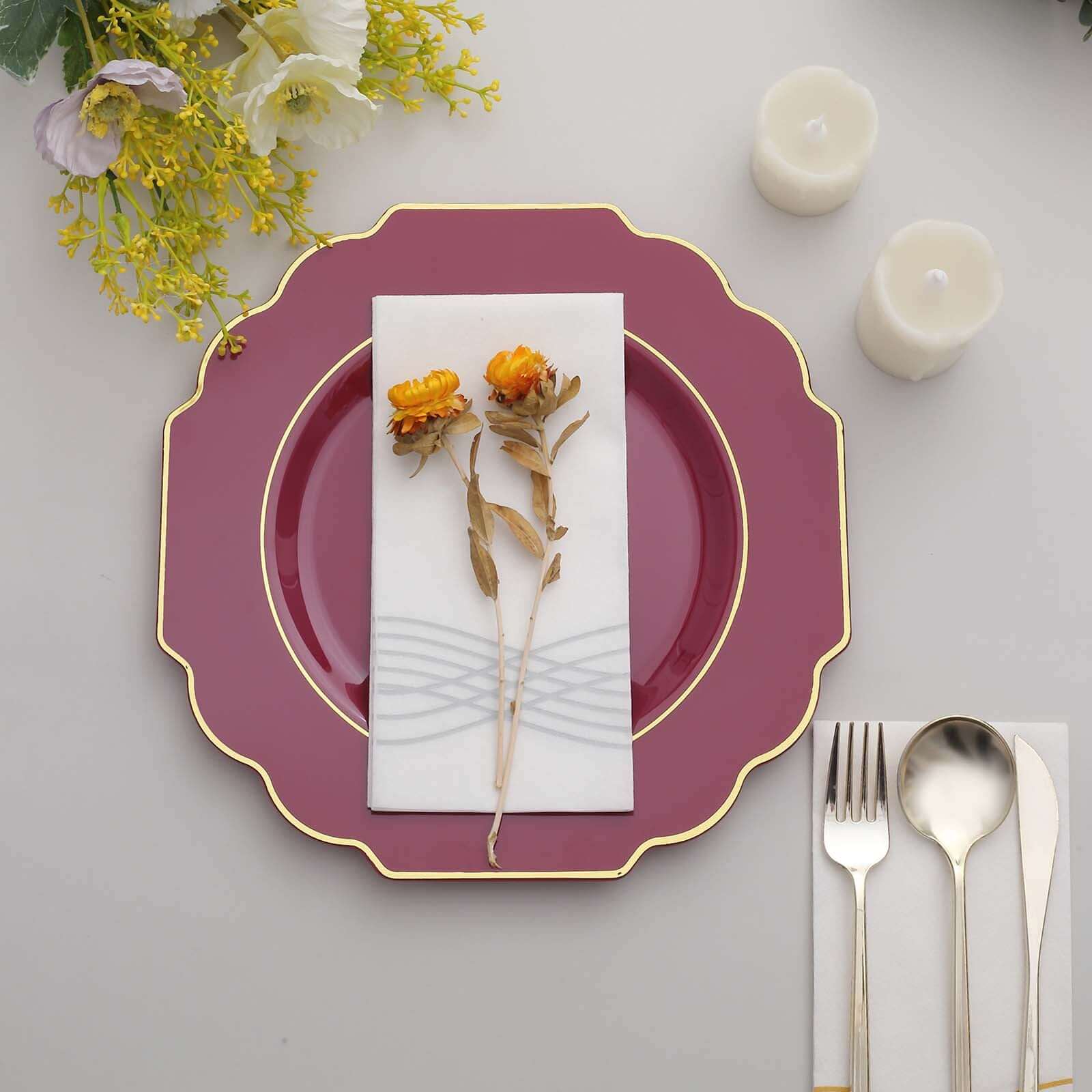 10-Pack Plastic Dinner Plates in Burgundy Baroque Design with Scalloped Gold Rim - Heavy Duty Disposable Party Plates 11