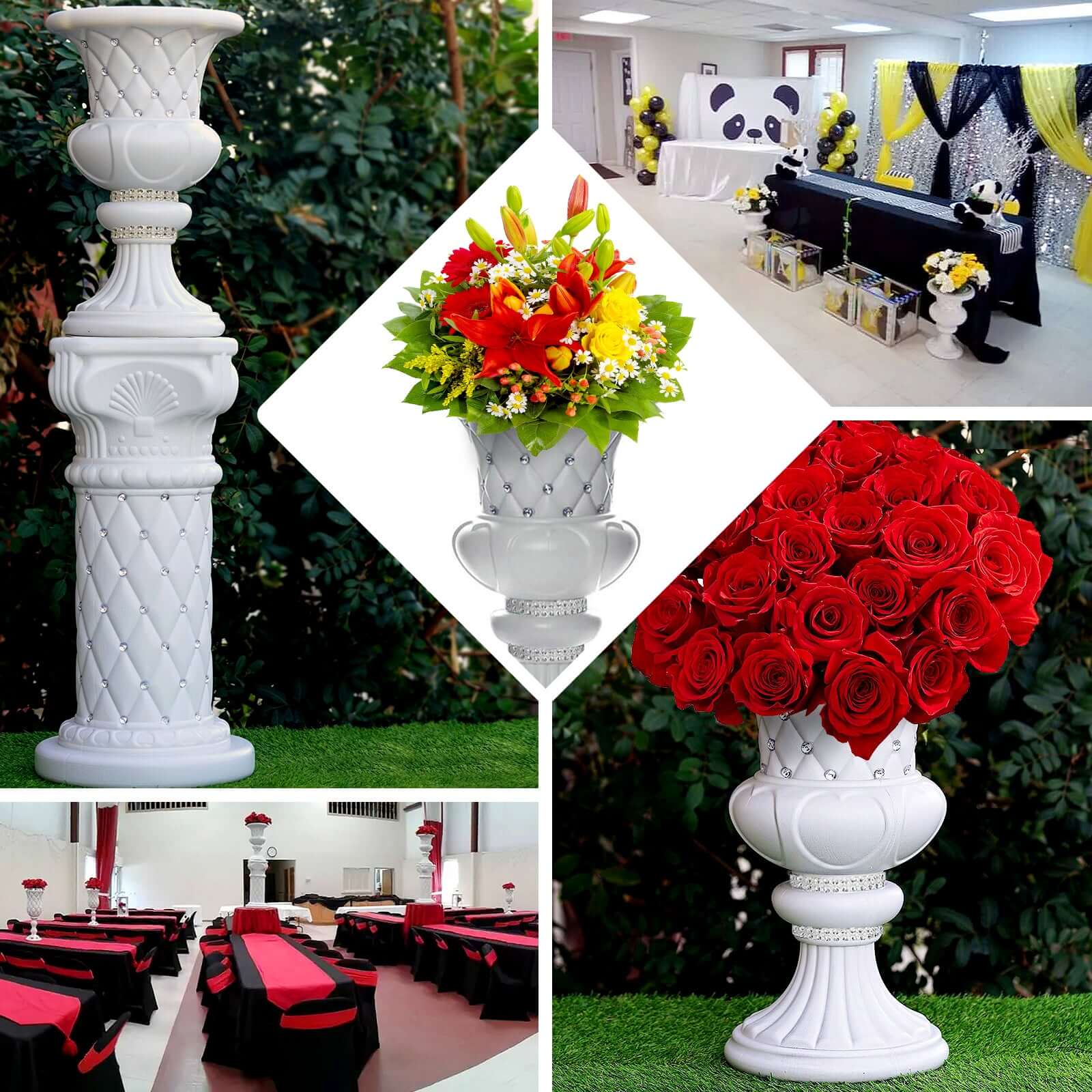 2 Pack White Crystal Beaded Italian Inspired Pedestal Stand Flower Plant Pillar With 10mm Crystal Studs - 18 Tall PVC