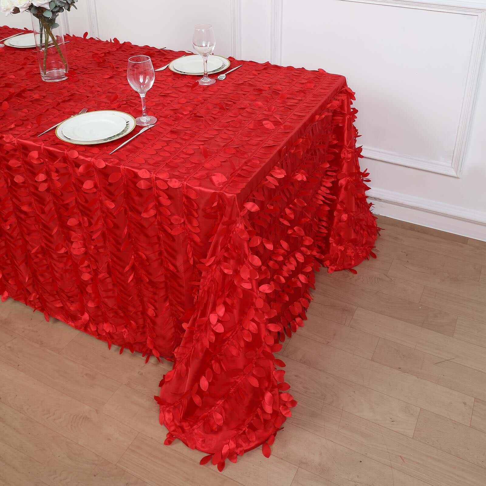 Taffeta 90x132 Rectangle Tablecloth Red | 3D Leaf Petal Design Seamless Table Cover
