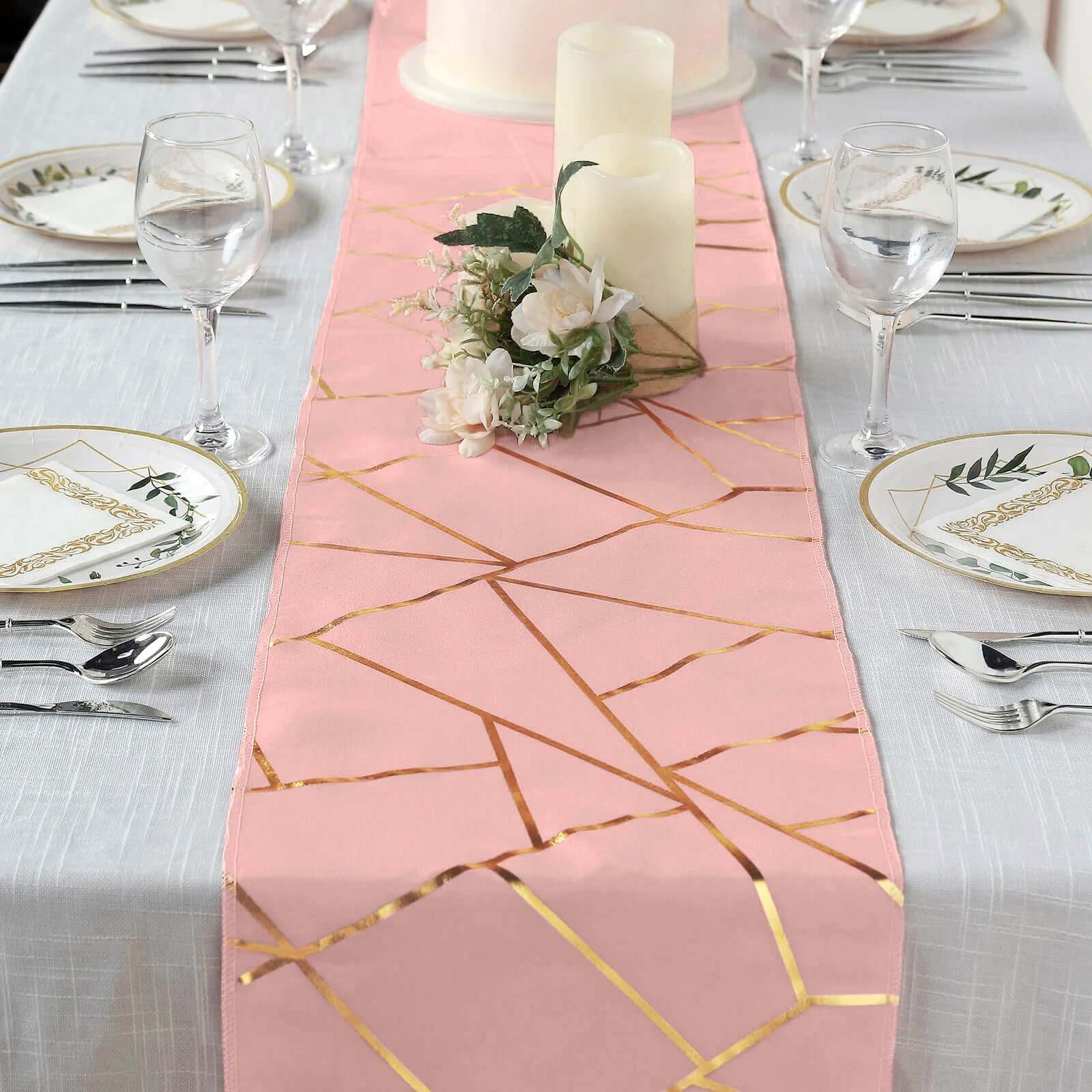 Polyester 9ft Table Runner Dusty Rose with Gold Foil Modern Geometric Accent