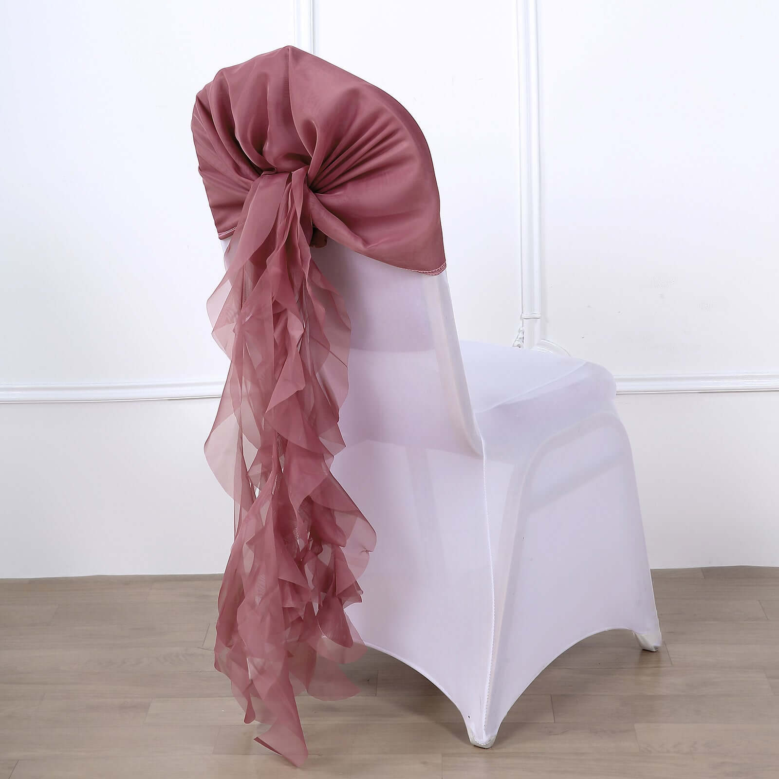 1 Set Chiffon Hoods Chair Sashes with Willow Ruffles Design Mauve Cinnamon Rose - Stylish Chair Bow Decor