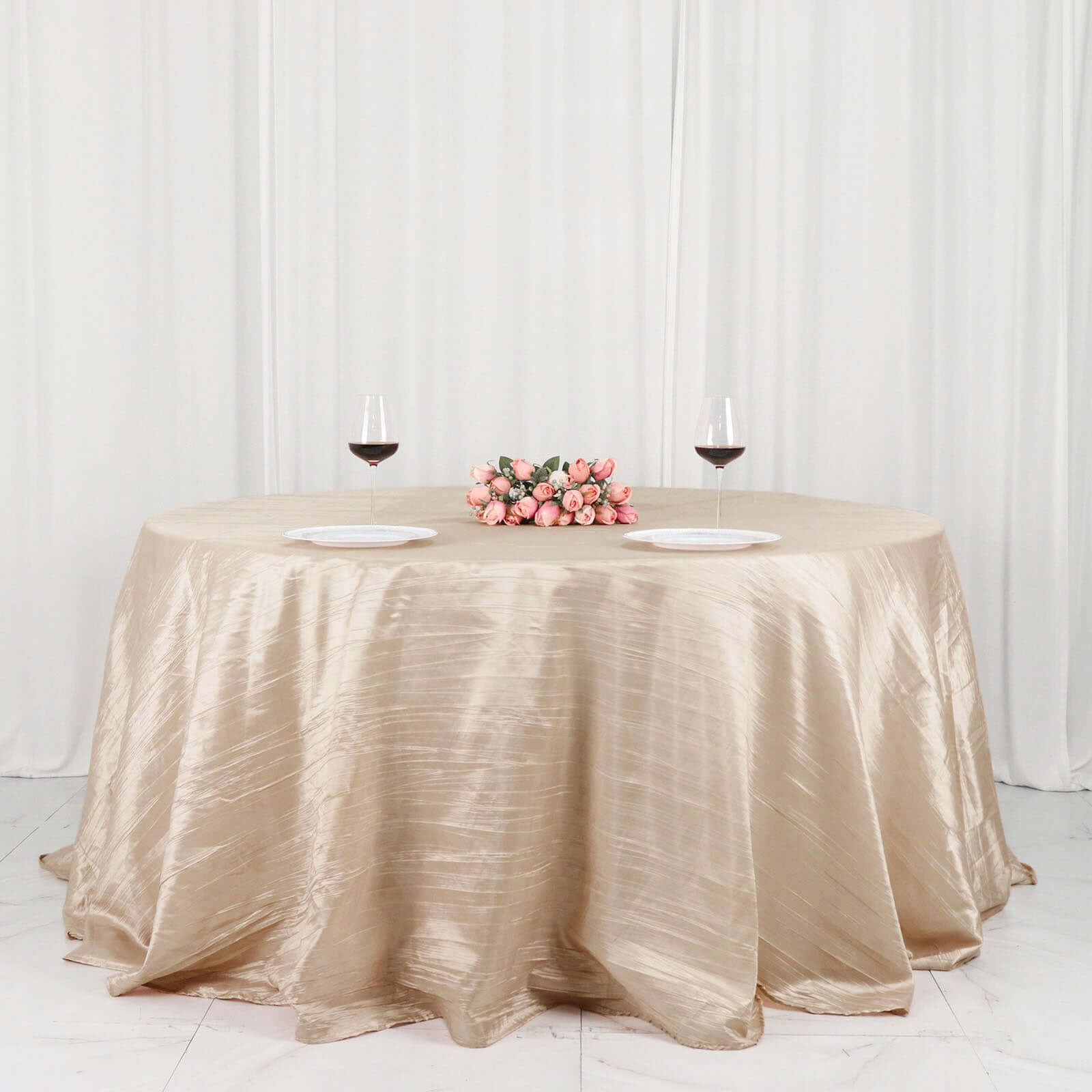 Taffeta 132 Round Tablecloth Beige - Seamless Accordion Crinkle Table Cover