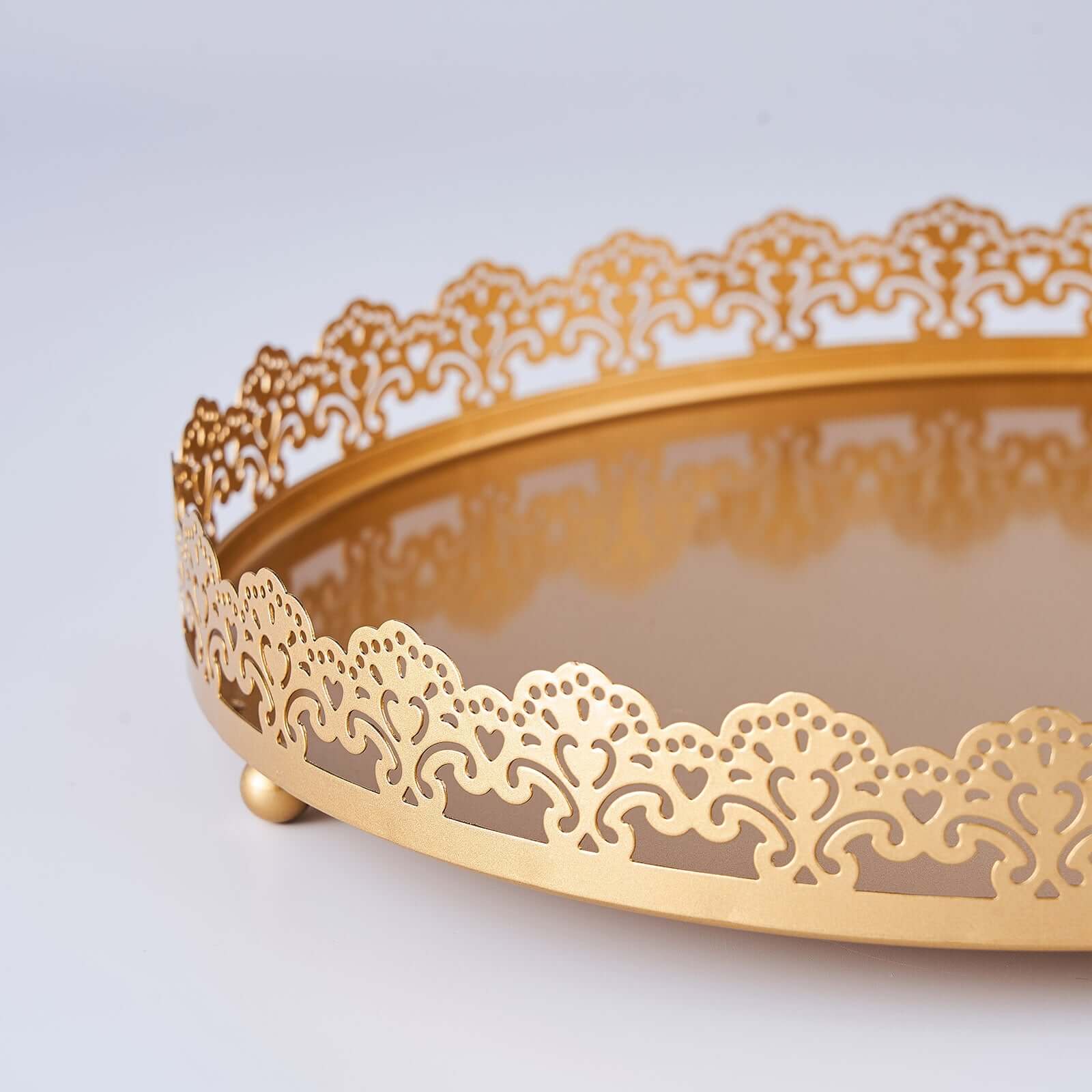 12 Gold Premium Metal Decorative Vanity Serving Tray, Round With Embellished Rims