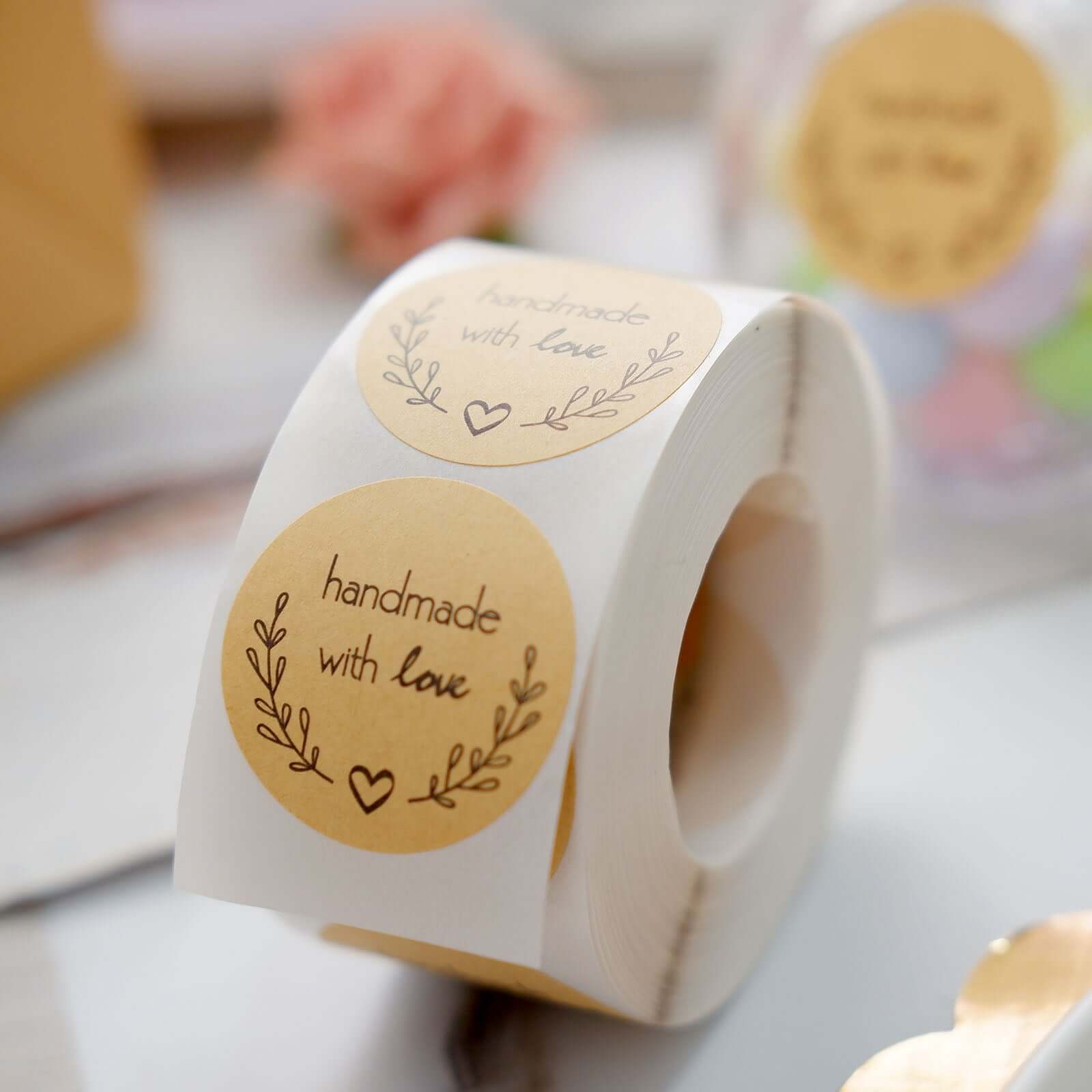 500Pcs 1.5” Handmade with Love Olive Branch Stickers Roll, Cookie and Bakery Box Labels - Round