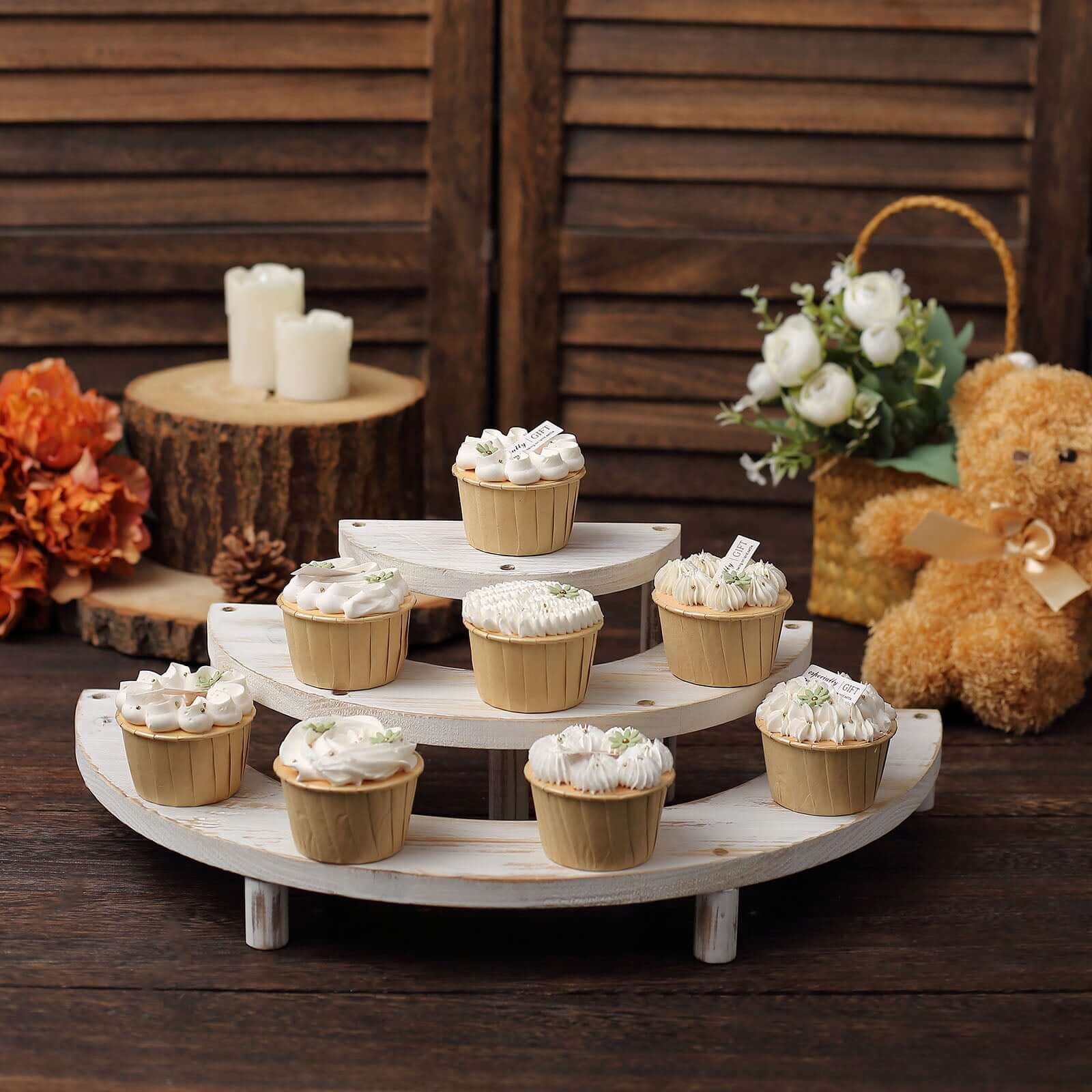 Set of 3 Wooden Dessert Pedestals Rustic Whitewashed 3-Tier Semicircle Design - Half Moon Cupcake Display Risers 7, 13, 18