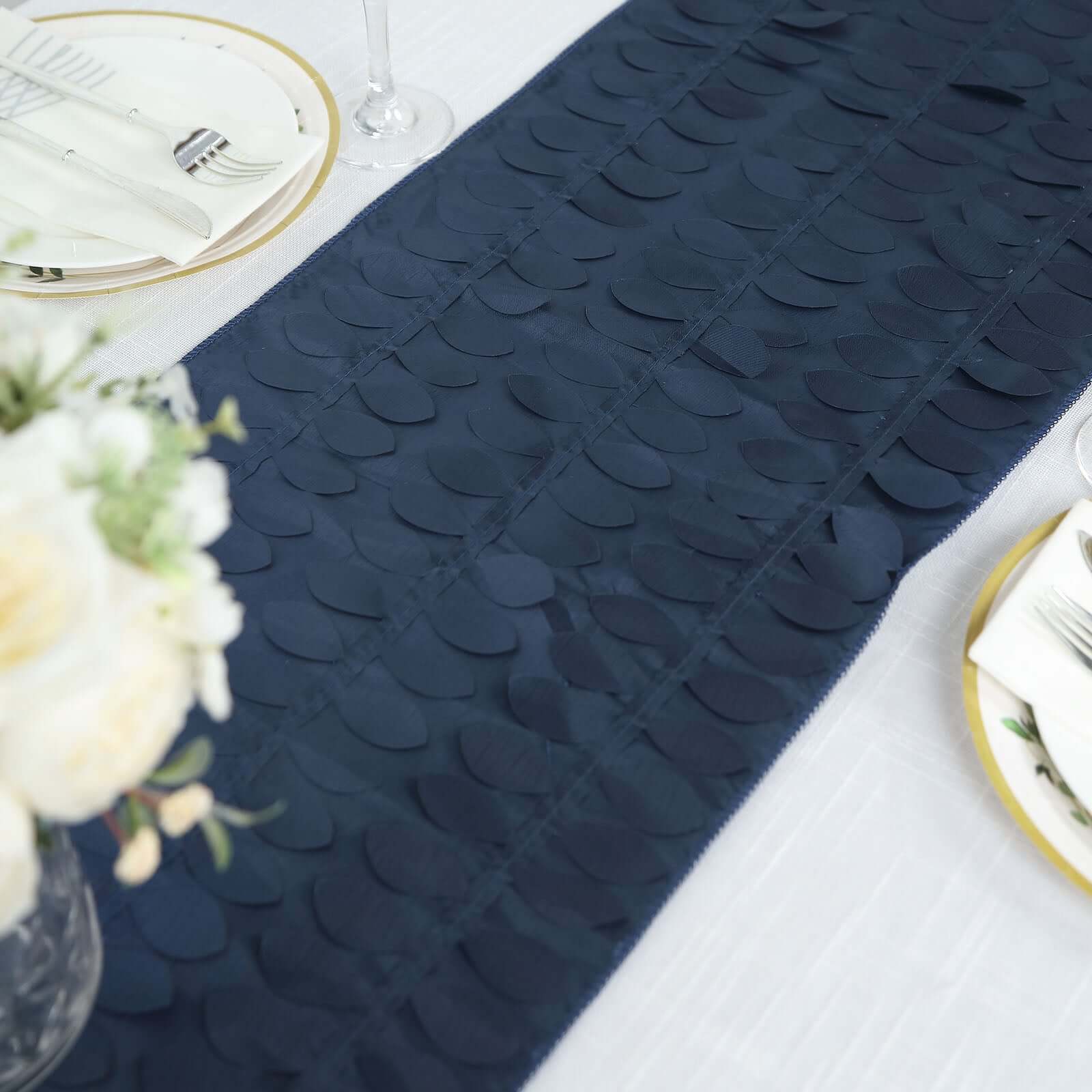 Taffeta Fabric 12x108 Table Runner Navy Blue - 3D Leaf Petal Design