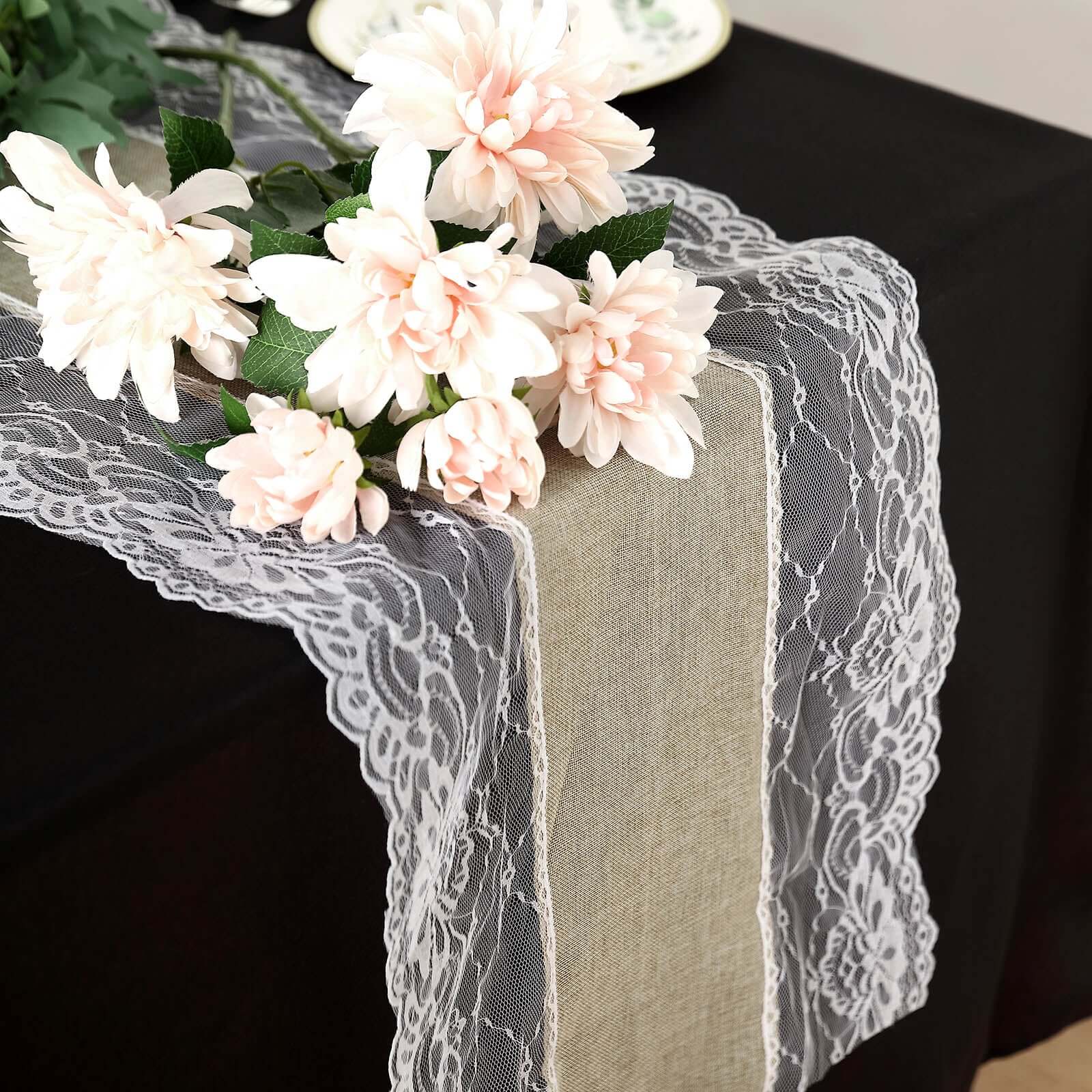 Faux Burlap Jute 16x108 Table Runner Taupe With White Lace Edging - Rustic Farmhouse Table Linen