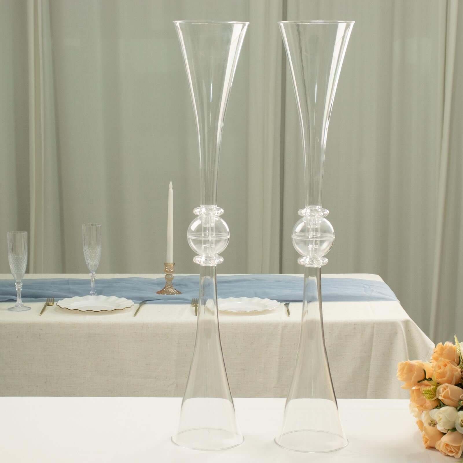 2 Pack 31 Clear Crystal Embellishment Trumpet Flower Vase, Reversible Plastic Table Centerpiece