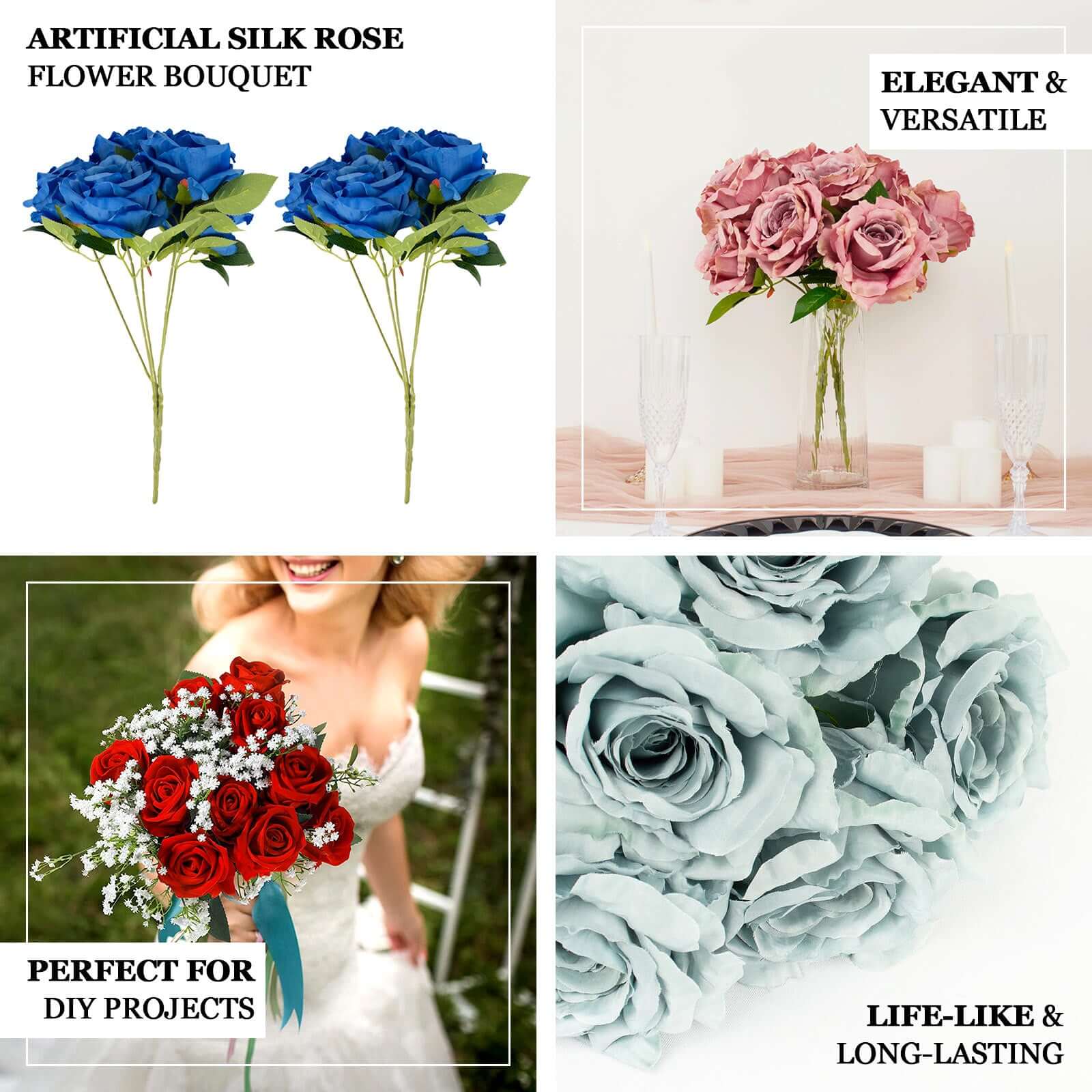 2 Bushes 17 White Premium Silk Jumbo Rose Flower Bouquet, High Quality Artificial Wedding Floral Arrangements
