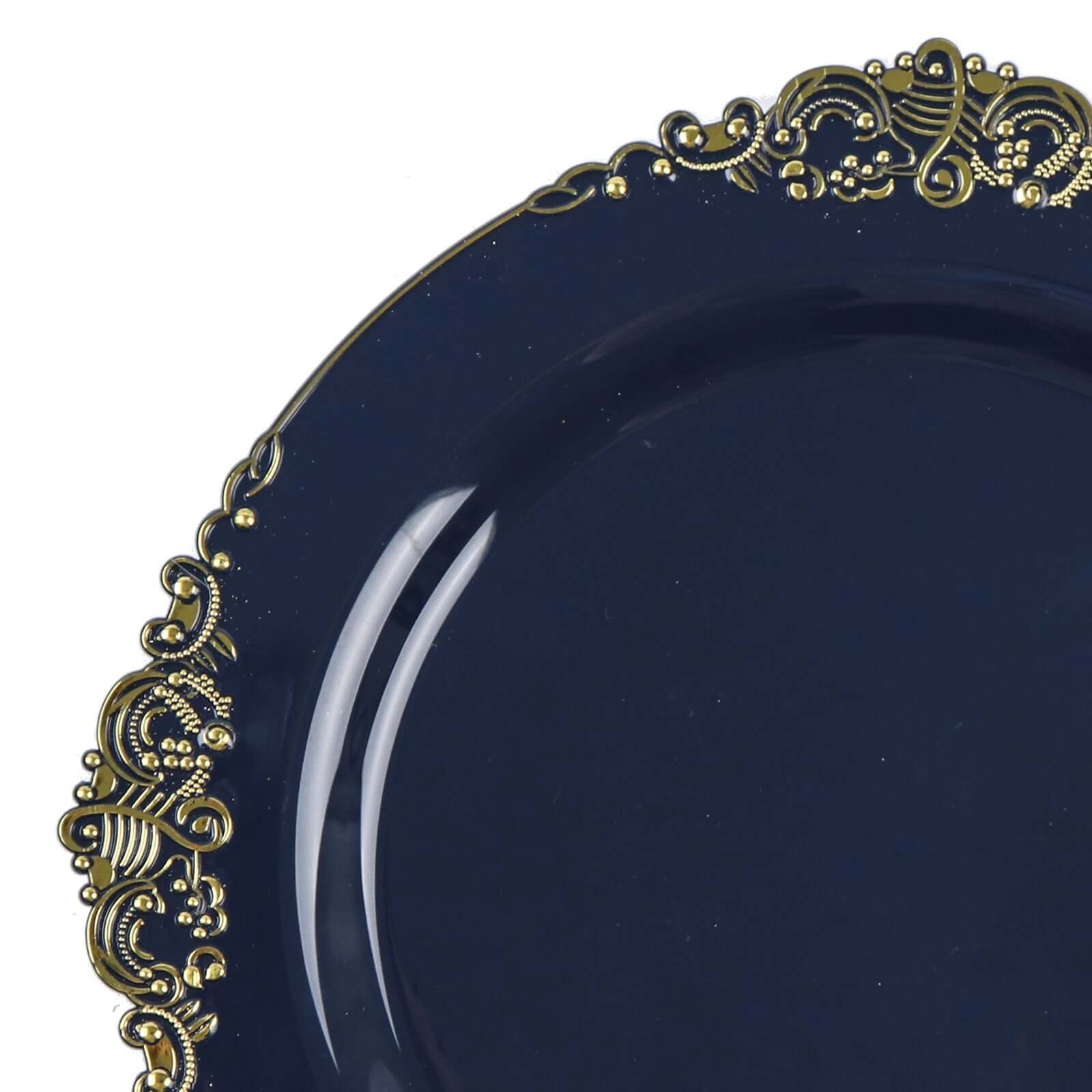 10-Pack Plastic 10 Round Dinner Plates in Navy Blue with Gold Leaf Embossed Rim - Disposable Vintage Baroque Style Plates