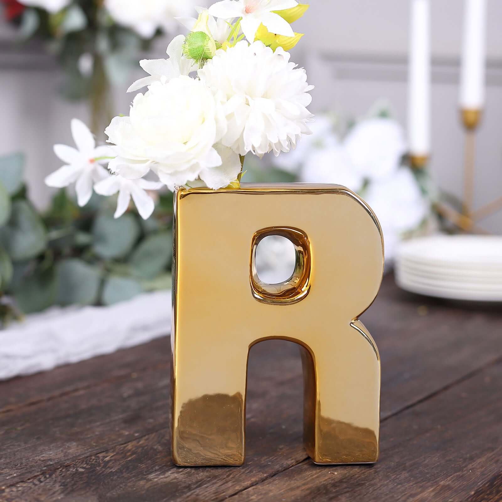 Shiny Ceramic Vase Letter R Gold Plated - Chic Bud Planter Pot for Events & Decor 6