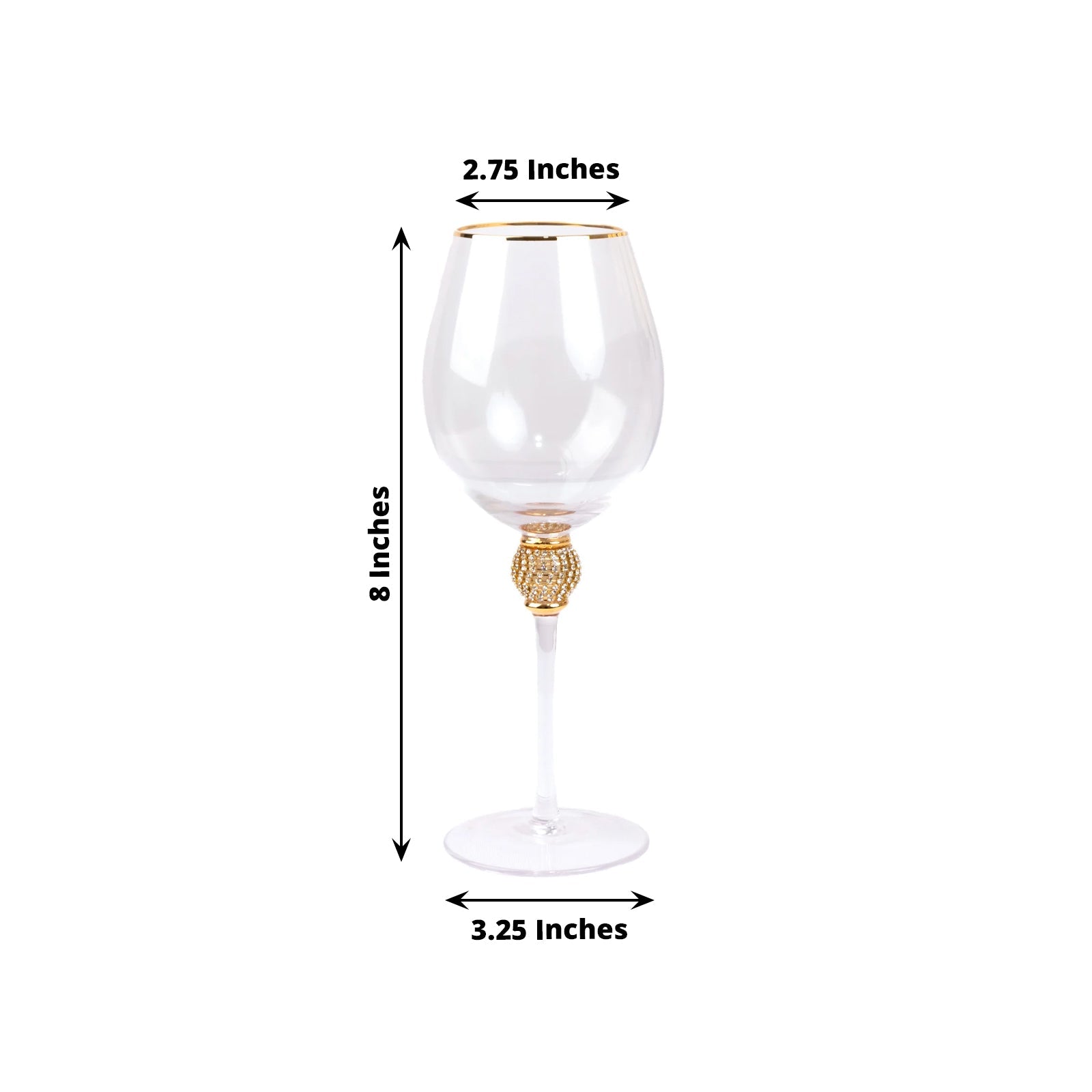 Set of 6 Wine Goblet Glasses Clear Gold Rimmed Design with Rhinestone Studded Stem - Handblown Vintage Crystal Glasses for Cocktails 16oz 10