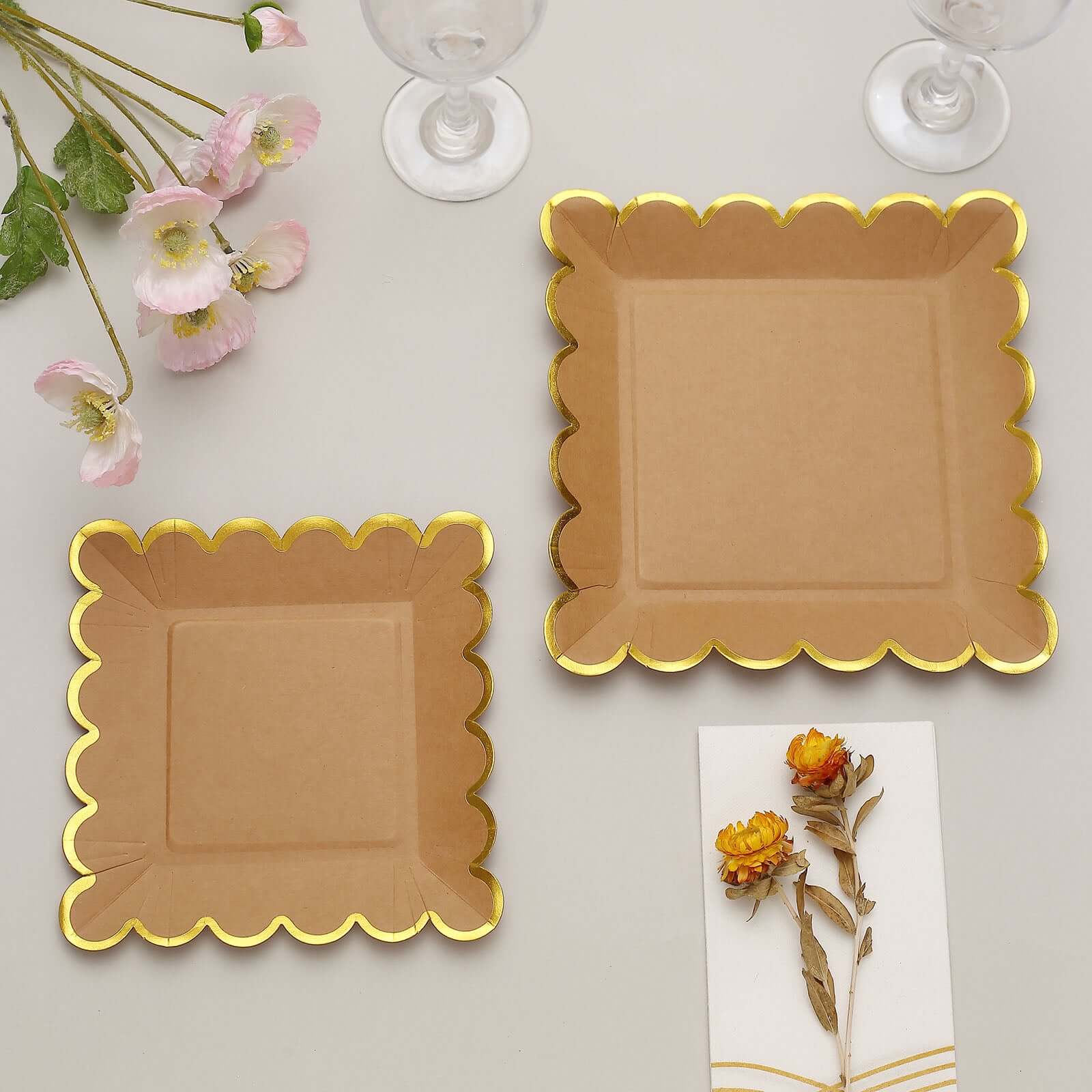 25-Pack Paper 9 Square Dinner Plates in Natural Brown with Gold Scalloped Rim - Disposable Party Plates for Rustic Gatherings & Chic Events