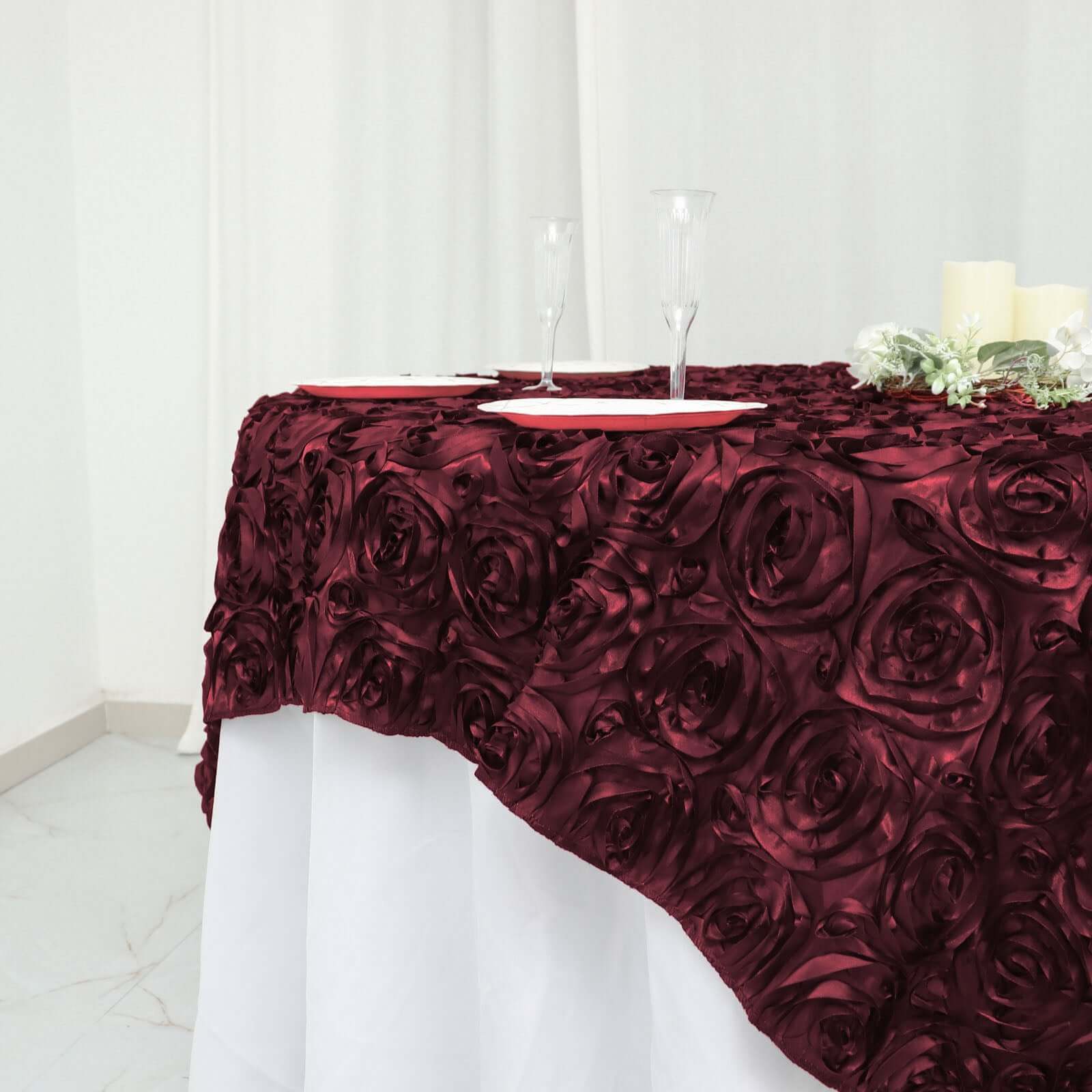 Satin 72x72 Table Overlay Square Tablecloth Burgundy - 3D Rosette Table Cover