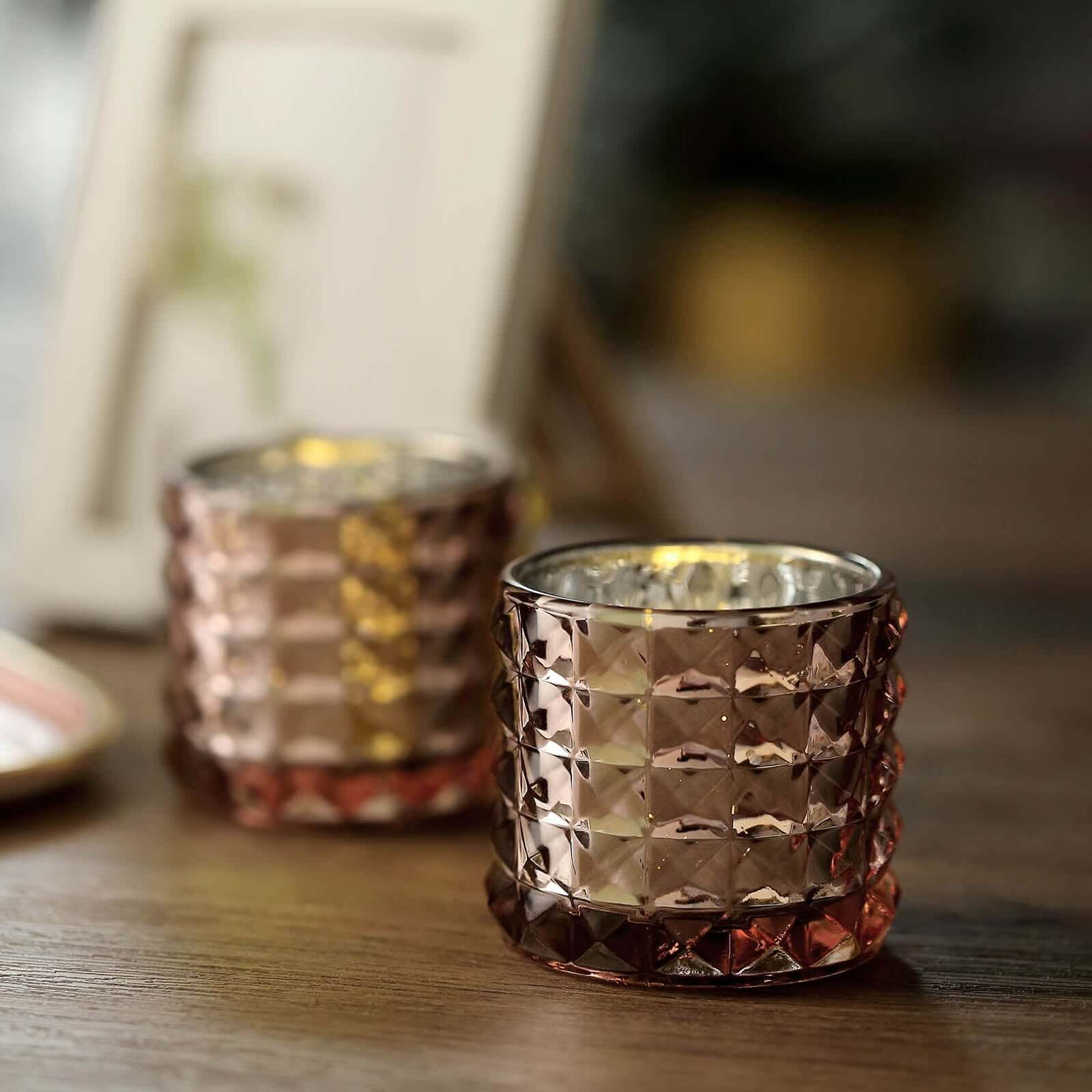 6-Pack Mercury Glass Votive Holders Studded Faceted Design Rose Gold - Tealight Candle Holders 3